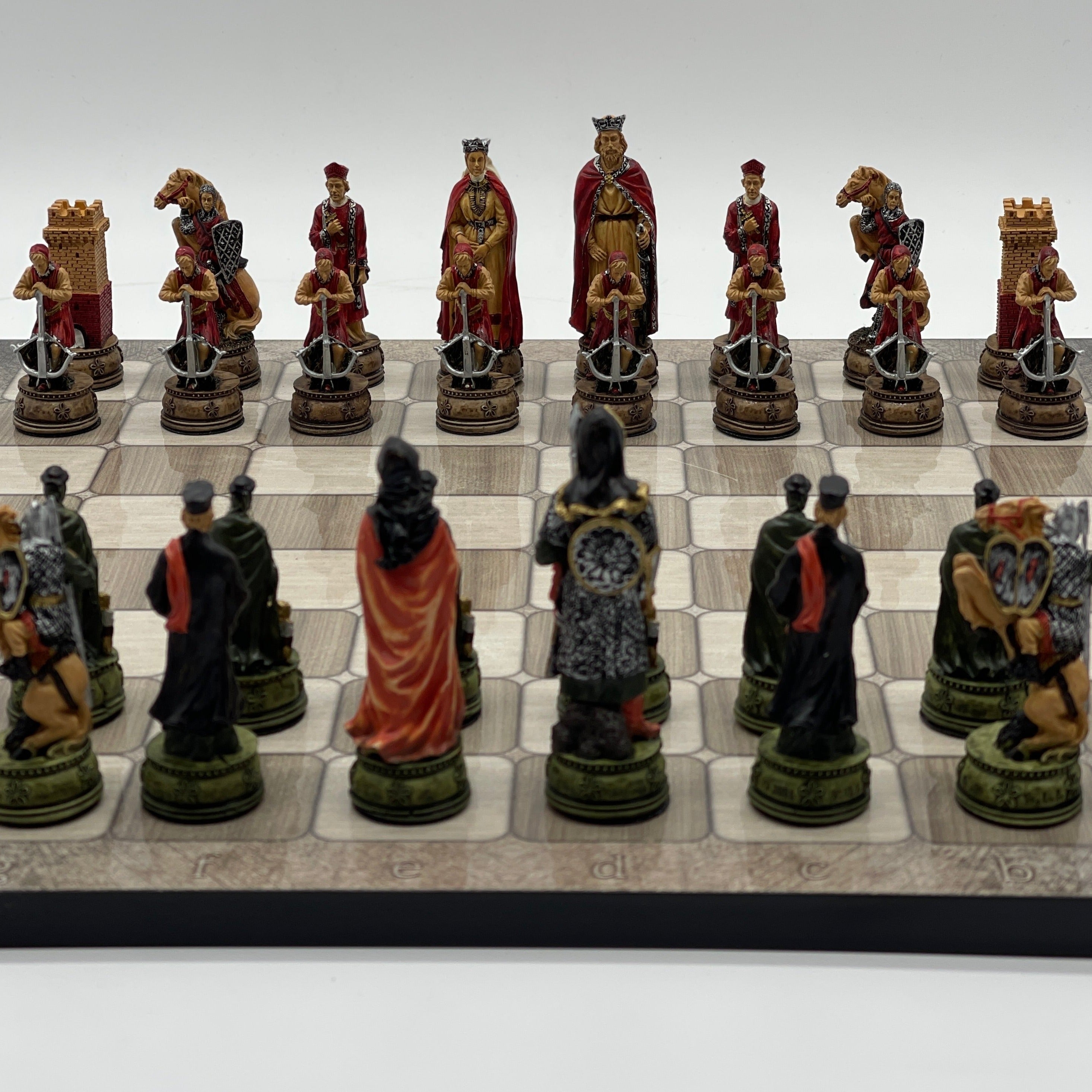 Gray Marble Pattern Wooden Chess Board With Camelot Chess Pieces