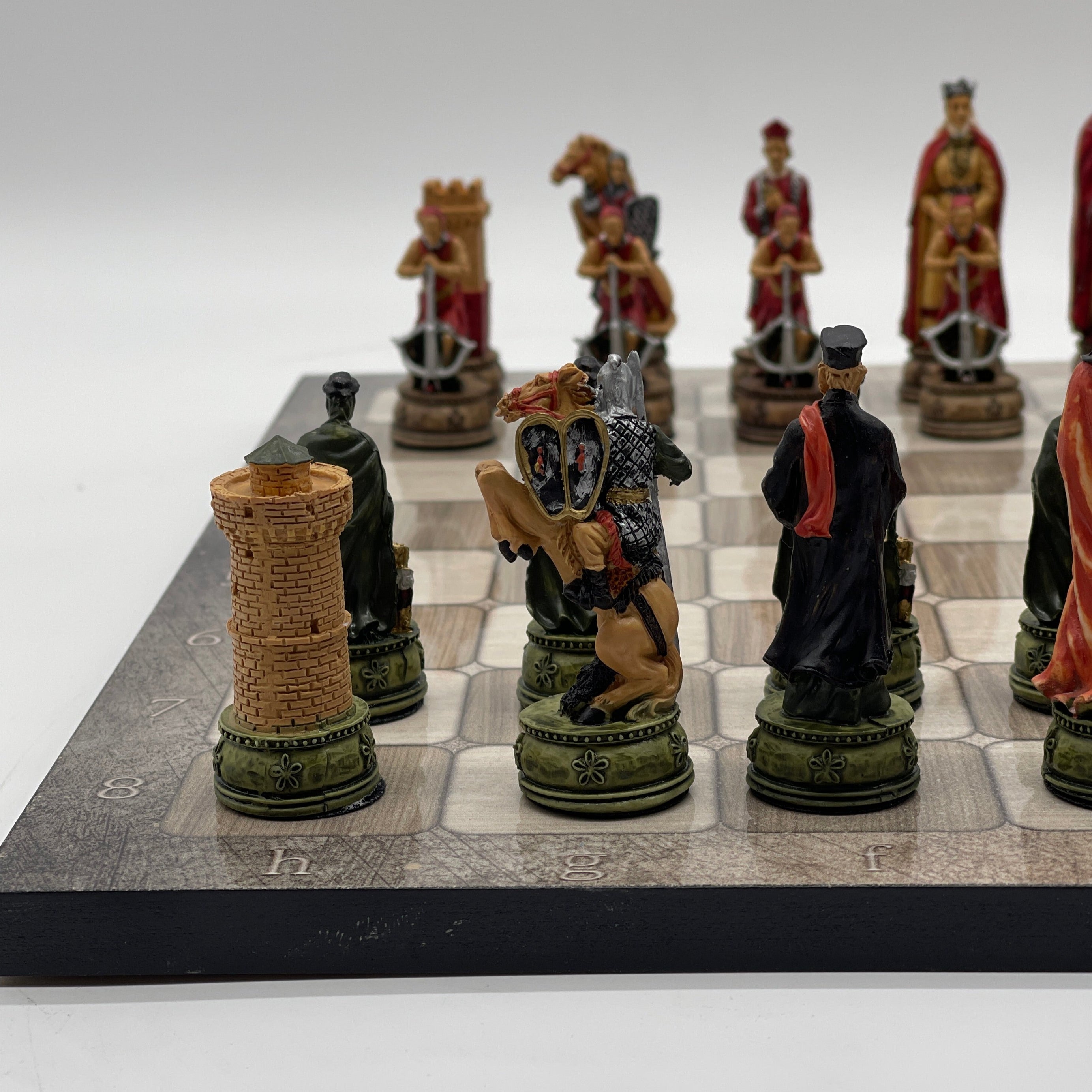 Gray Marble Pattern Wooden Chess Board With Camelot Chess Pieces