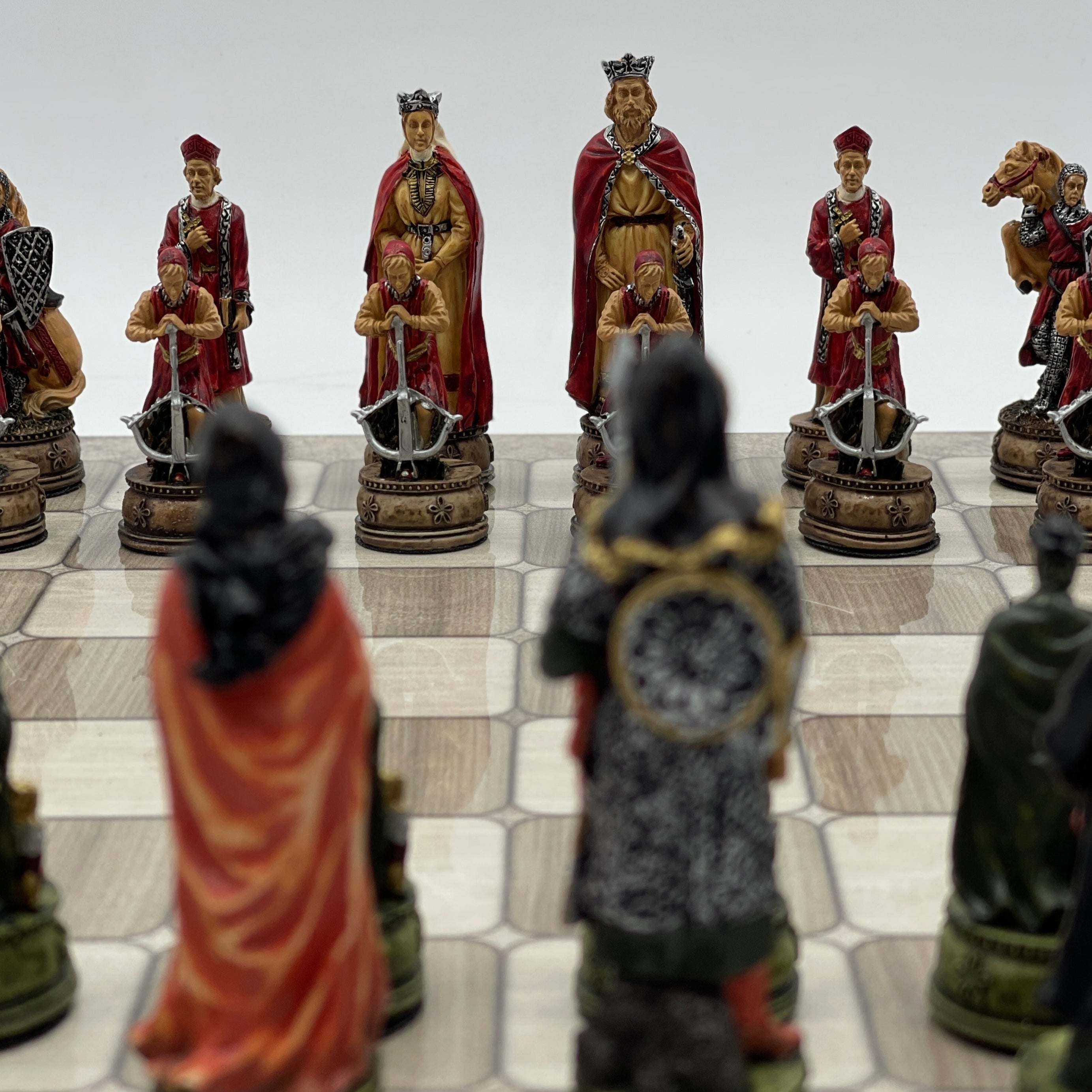 Gray Marble Pattern Wooden Chess Board With Camelot Chess Pieces