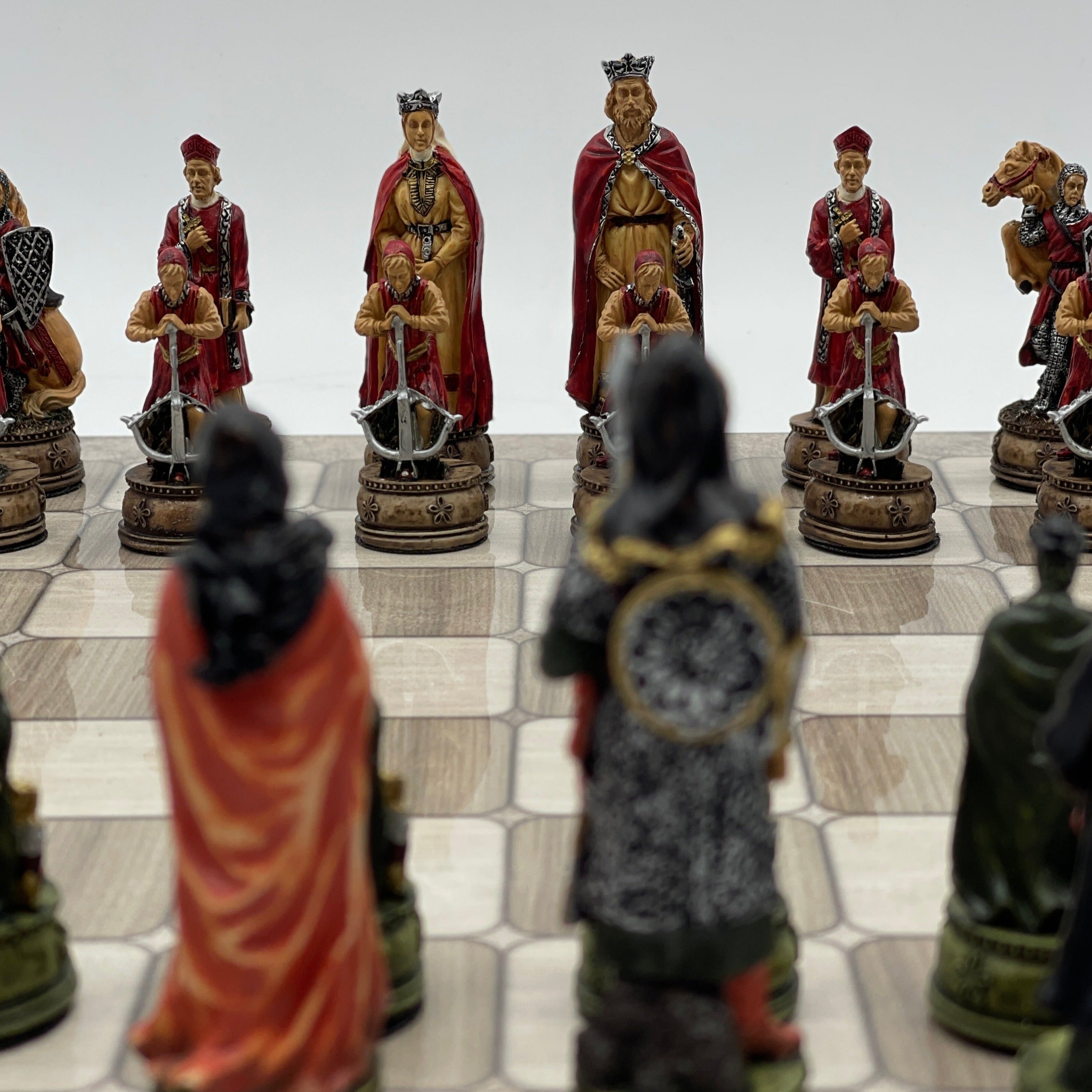 Gray Marble Pattern Wooden Chess Board With Camelot Chess Pieces