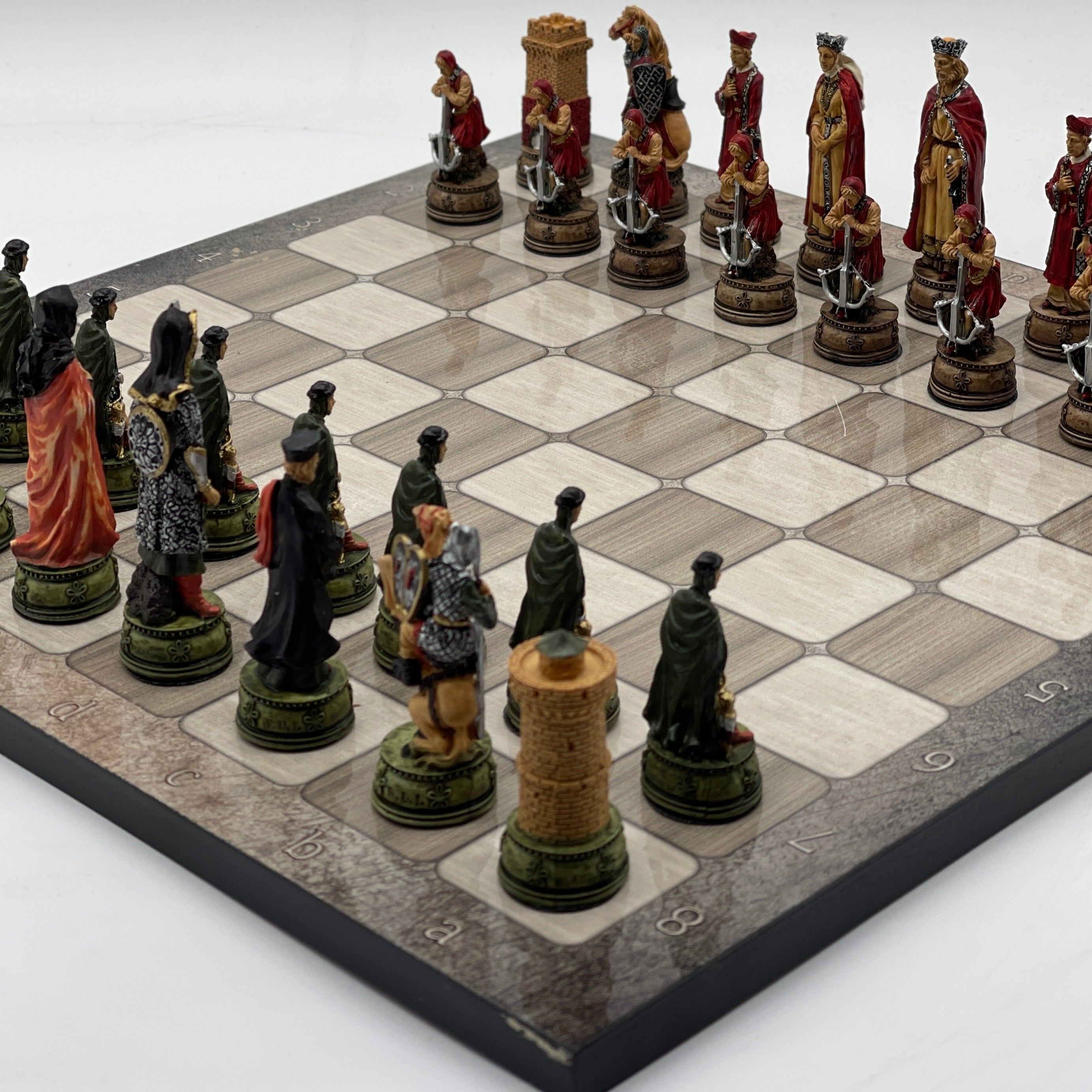 Gray Marble Pattern Wooden Chess Board With Camelot Chess Pieces