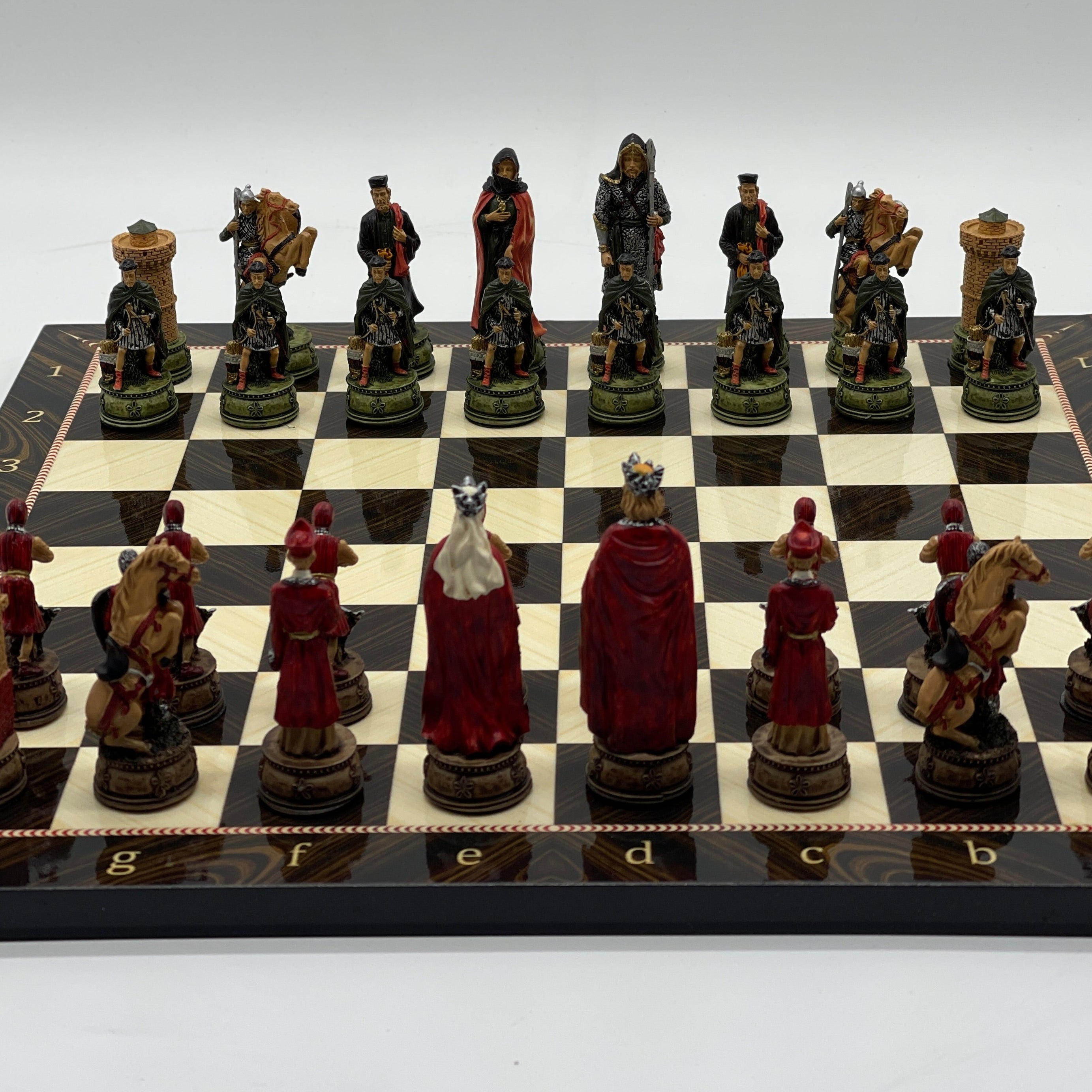Brown Marble Pattern Wooden Chess Board With Camelot Chess Pieces