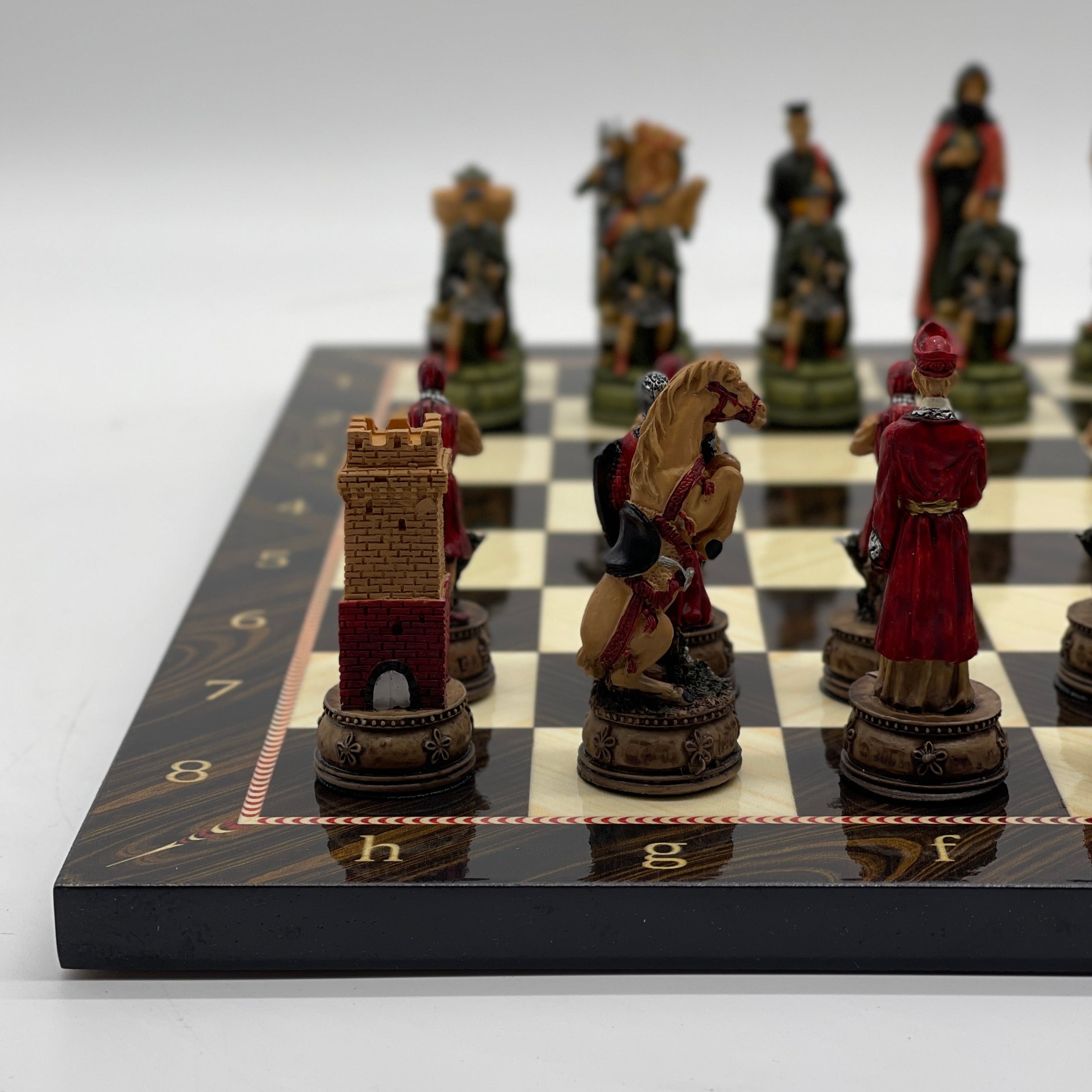 Brown Marble Pattern Wooden Chess Board With Camelot Chess Pieces