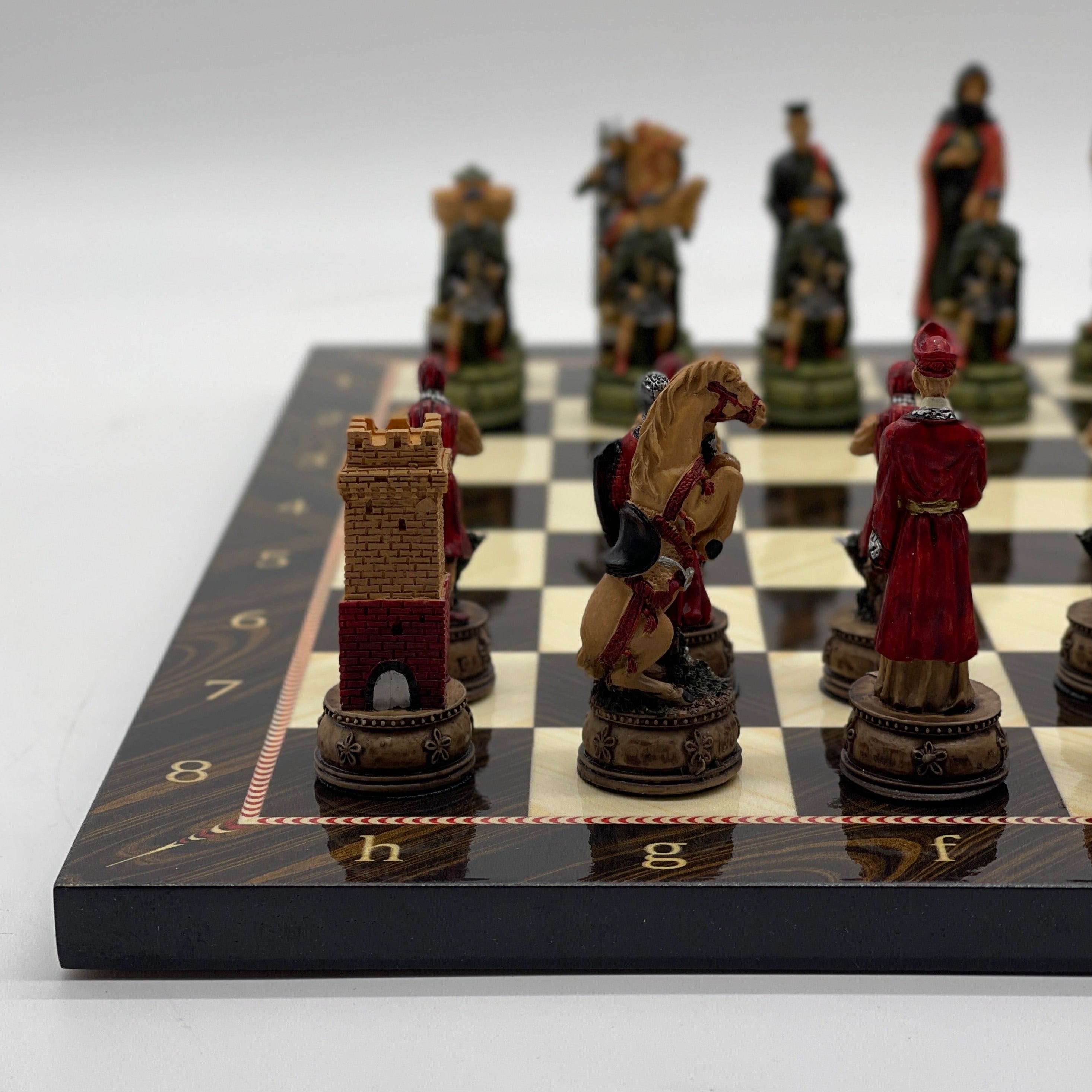 Brown Marble Pattern Wooden Chess Board With Camelot Chess Pieces