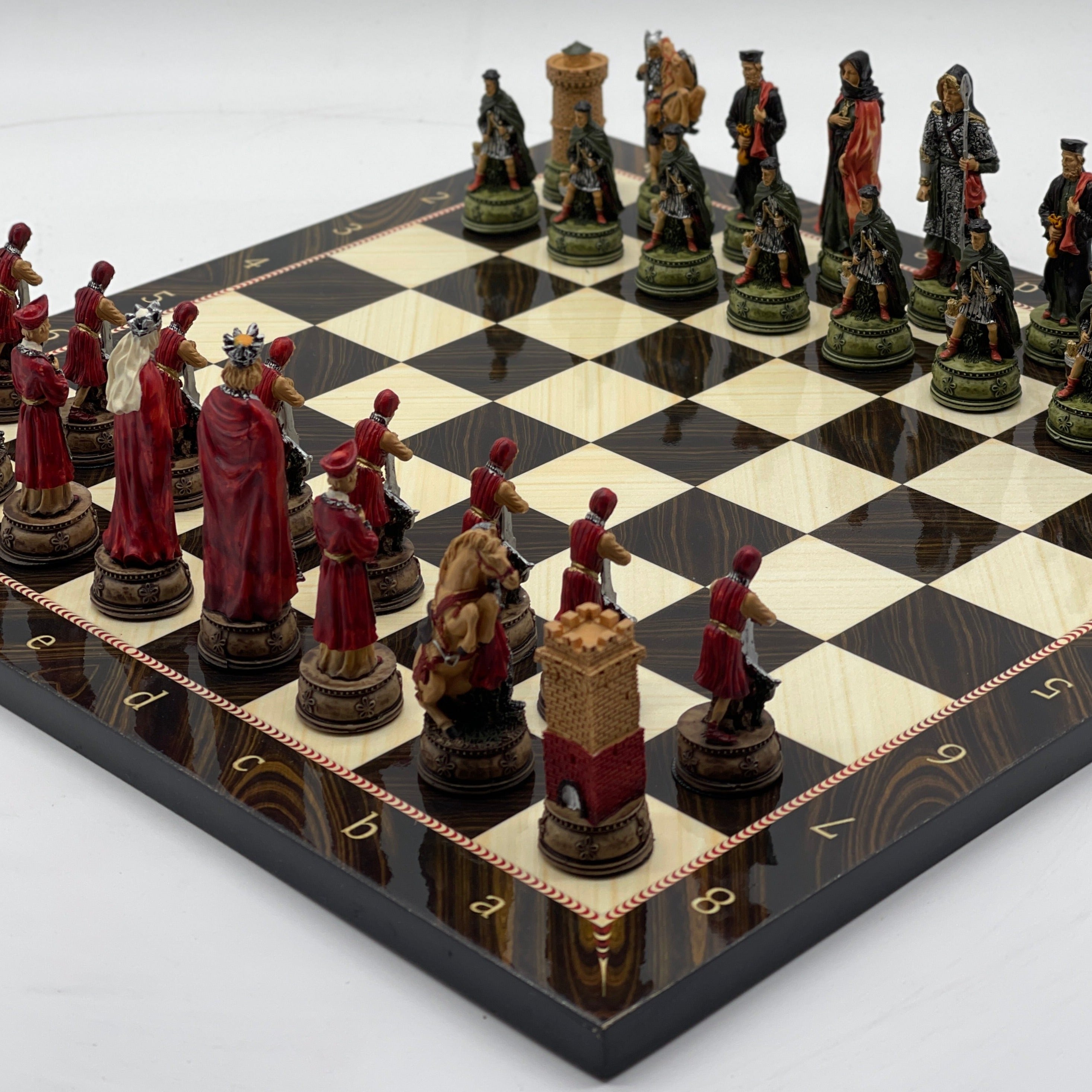 Brown Marble Pattern Wooden Chess Board With Camelot Chess Pieces