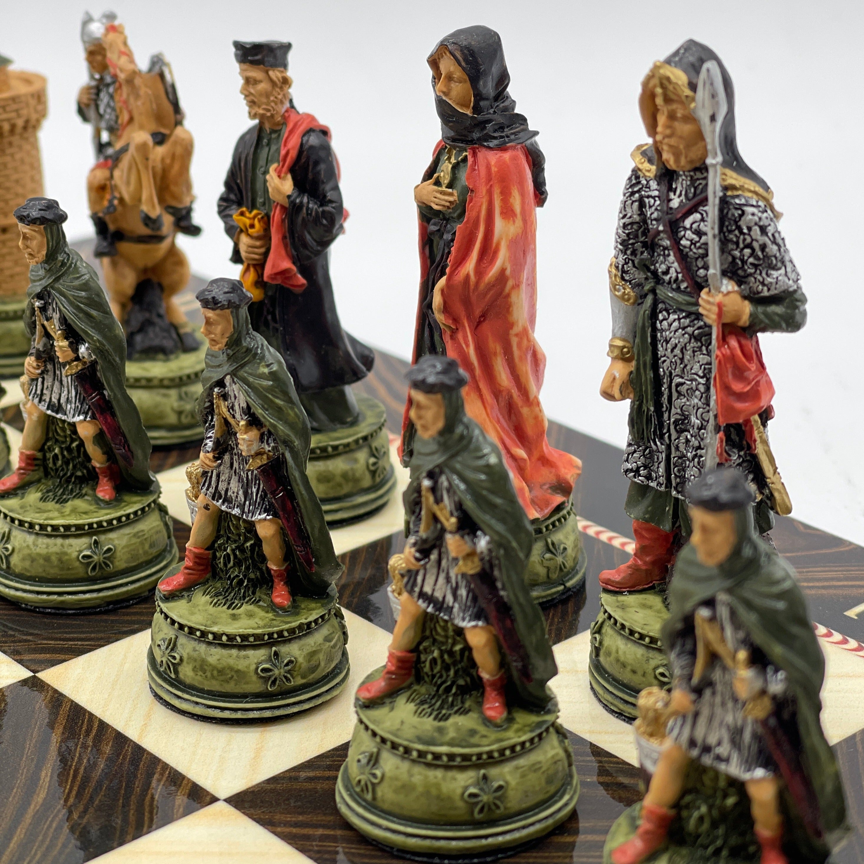 Brown Marble Pattern Wooden Chess Board With Camelot Chess Pieces