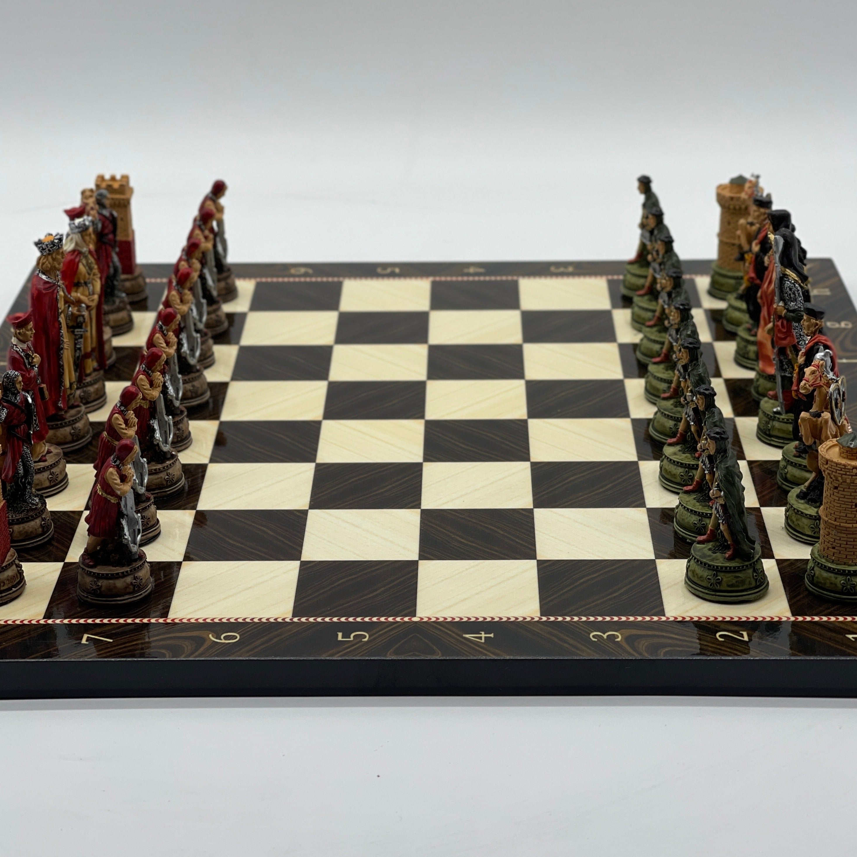Brown Marble Pattern Wooden Chess Board With Camelot Chess Pieces