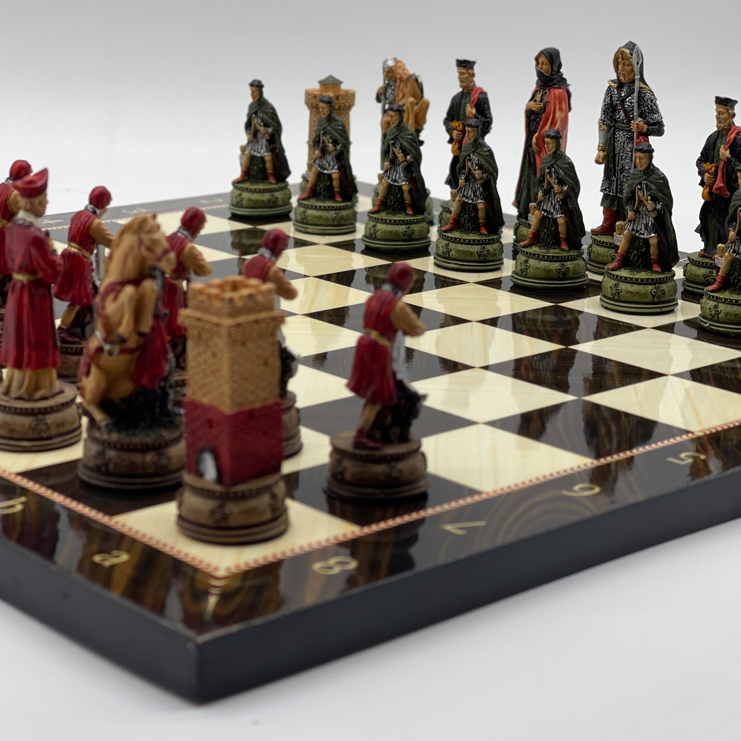 Brown Marble Pattern Wooden Chess Board With Camelot Chess Pieces