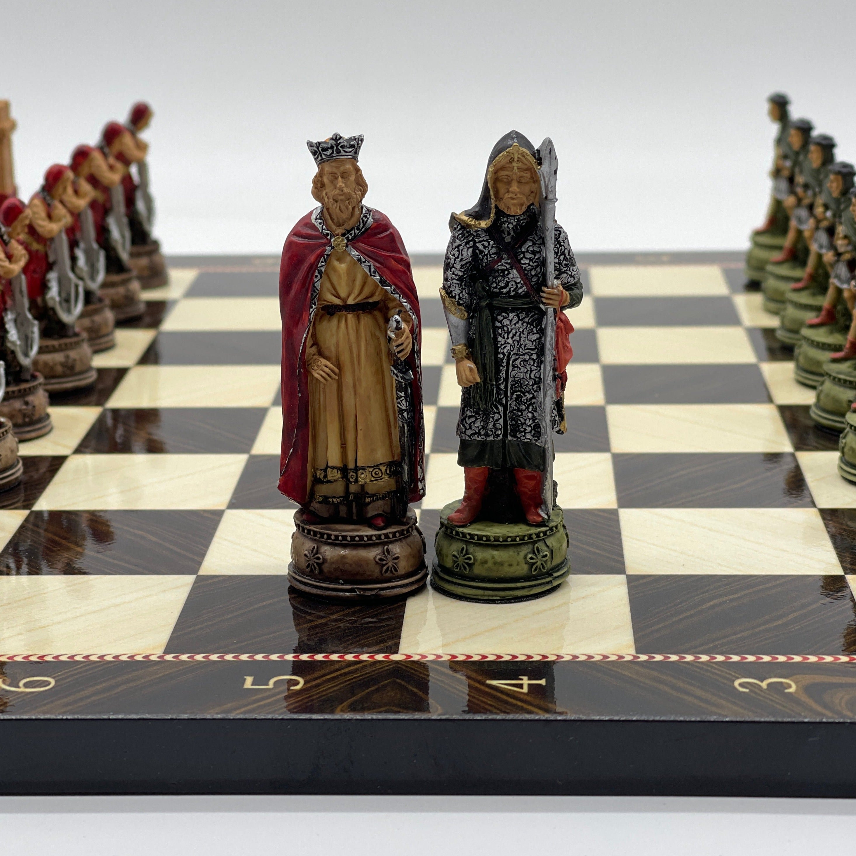 Brown Marble Pattern Wooden Chess Board With Camelot Chess Pieces