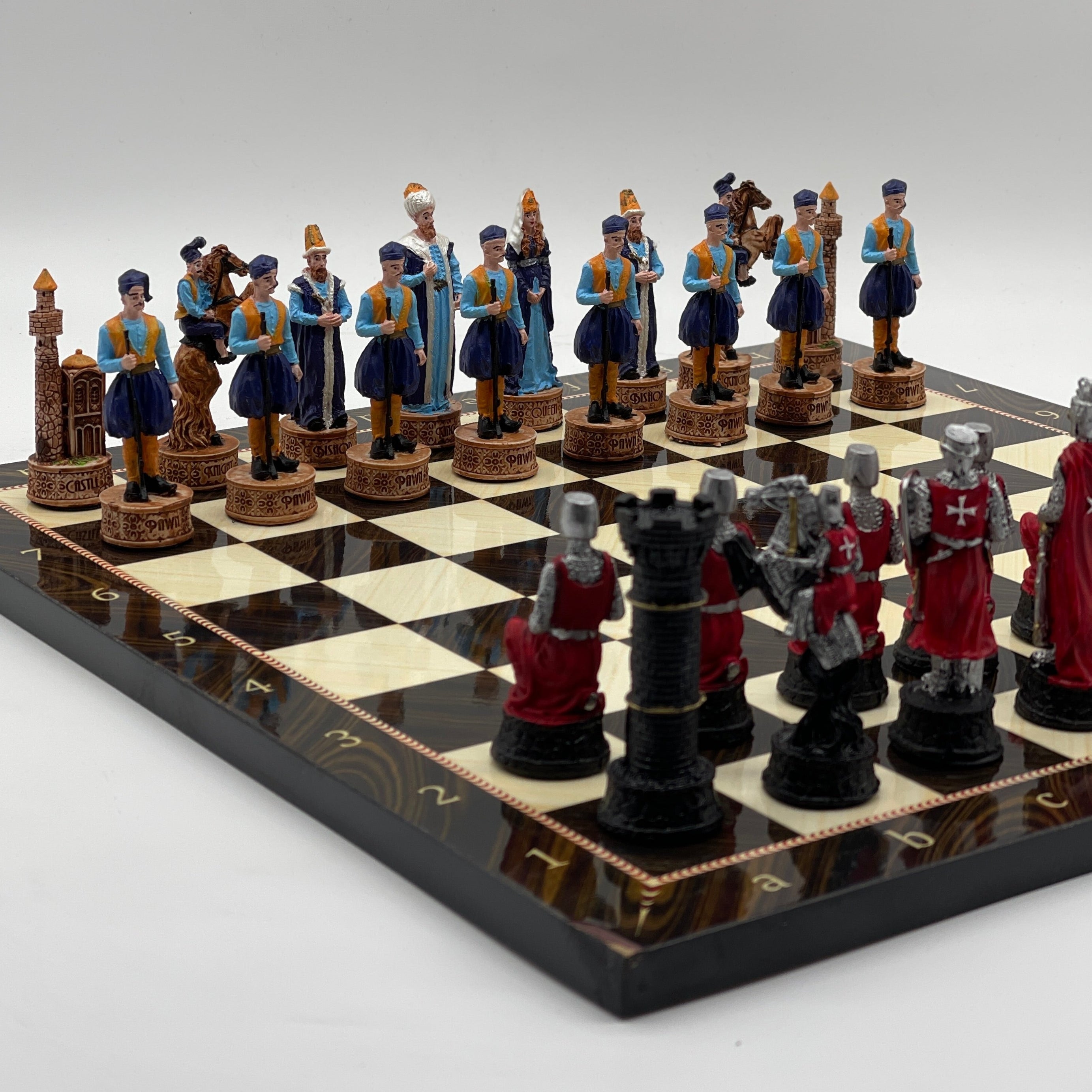 Brown Marble Pattern Wooden Chess Board With Crusaders Chess Pieces