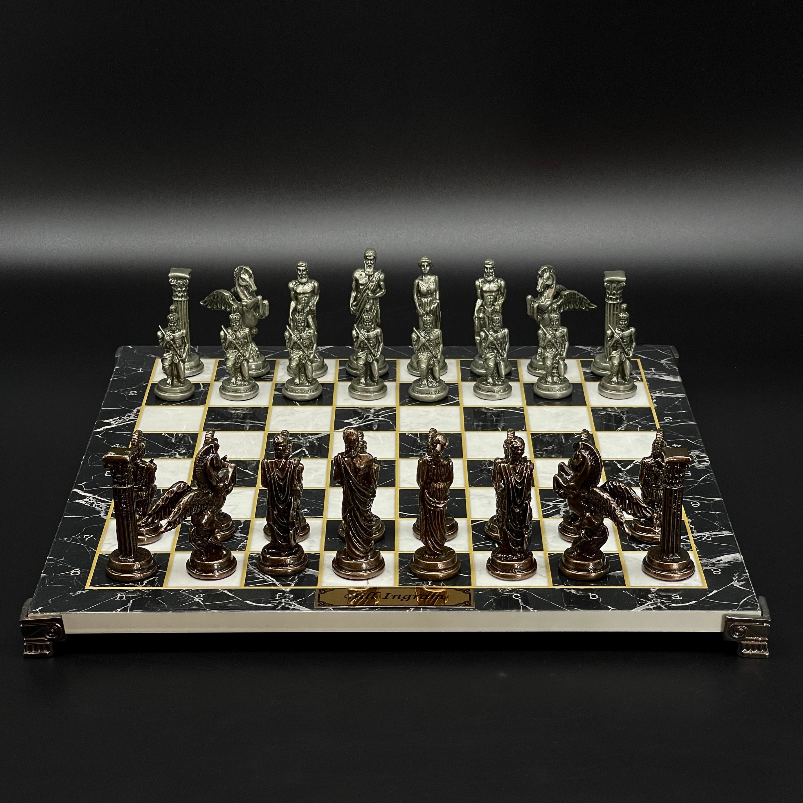 Black Marble Pattern Wooden Chess Set with Metal Chess Pieces with Metal Legs