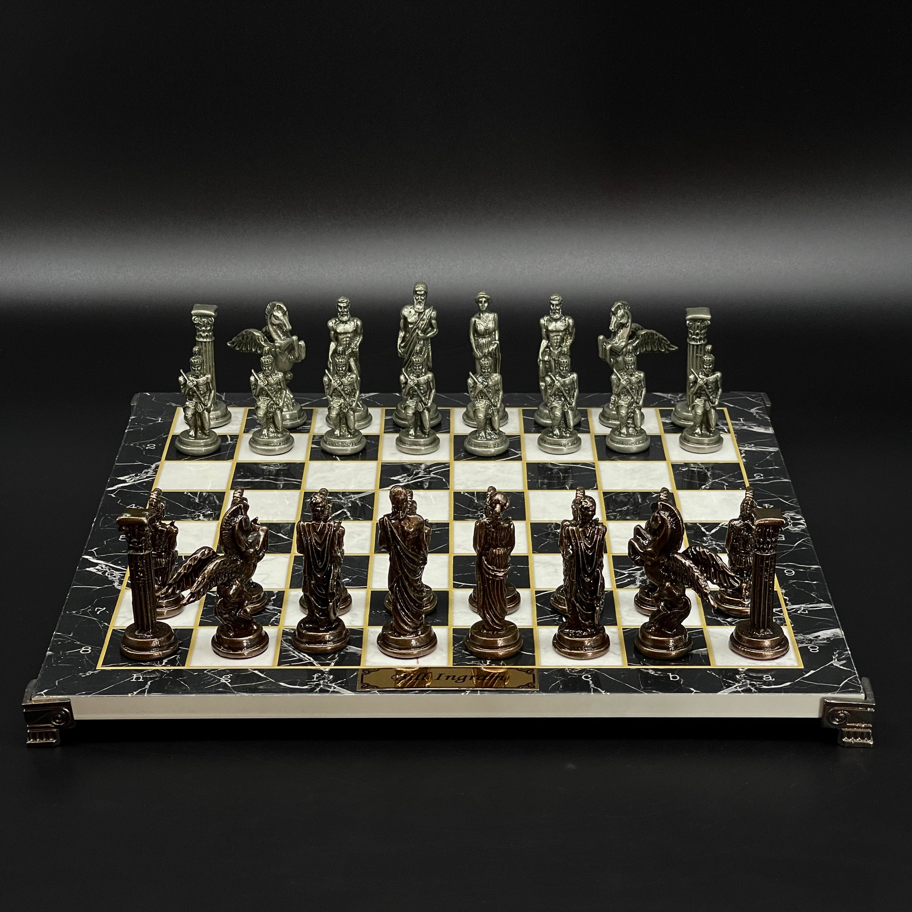 Black Marble Pattern Wooden Chess Set with Metal Chess Pieces with Metal Legs