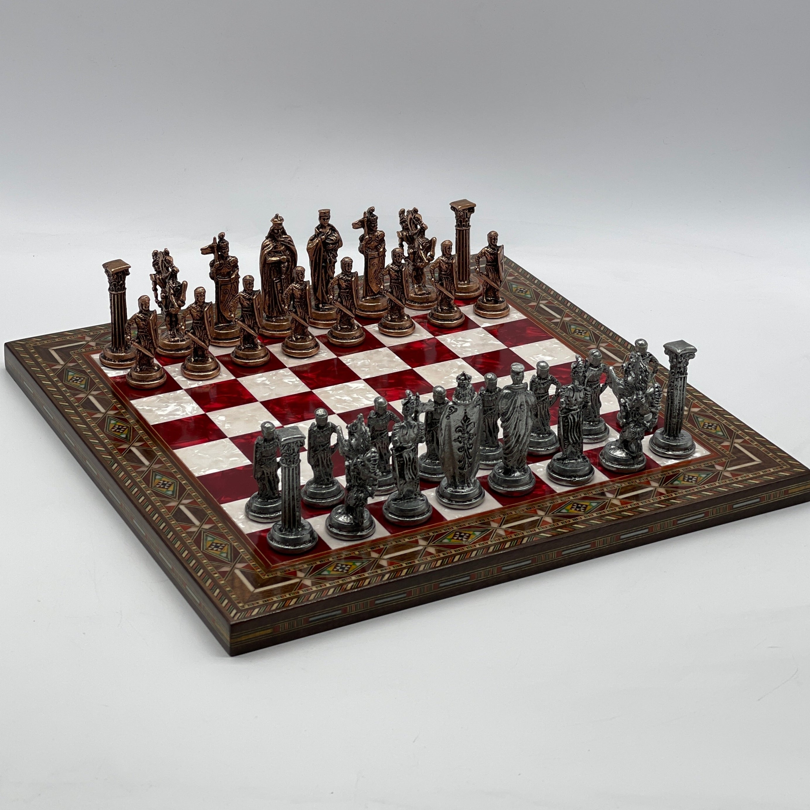 Handmade Pearl Embroidered Wooden Chess Set With Metal Chess Pieces AsyaWoodArt
