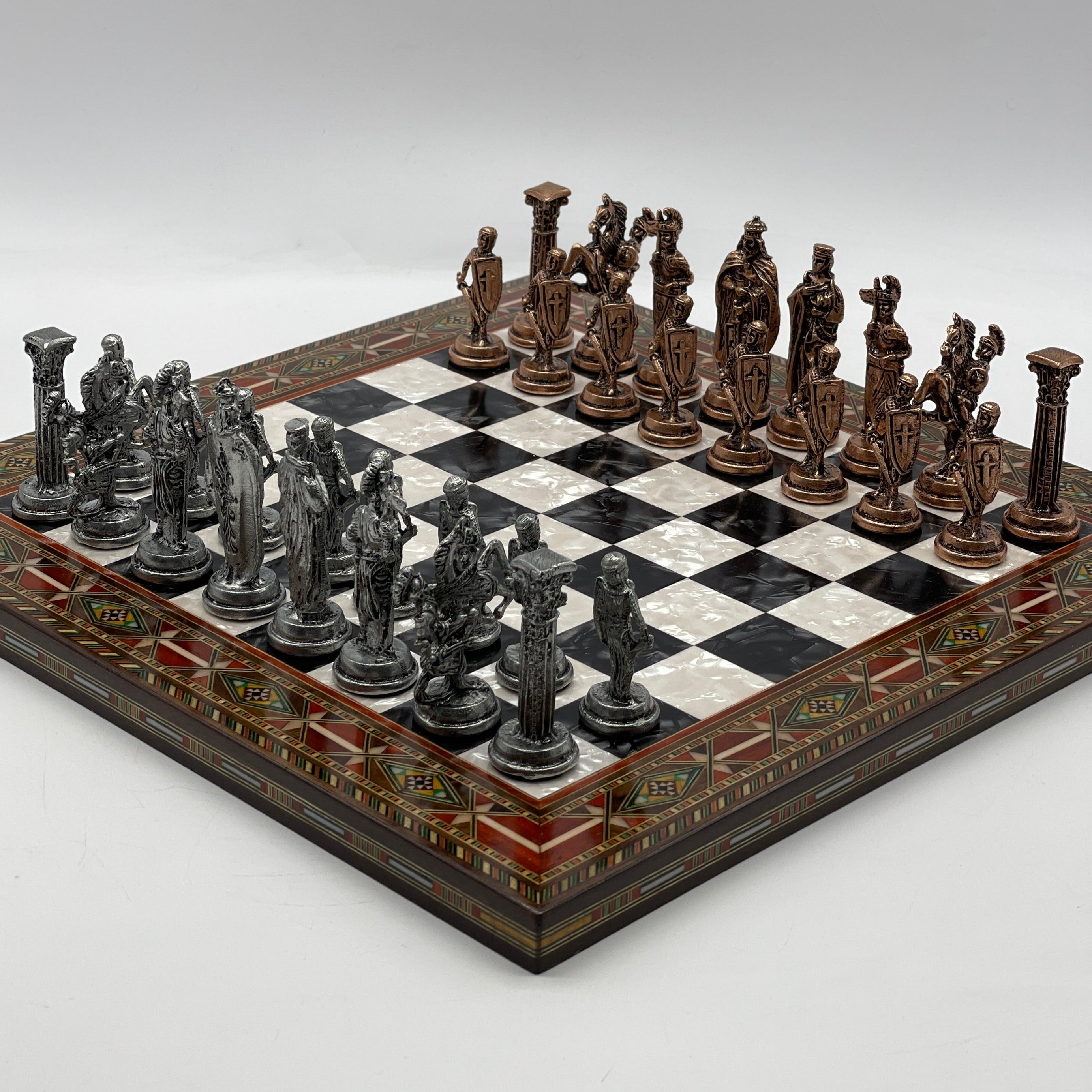 Luxury Handmade Pearl Embroidered Wooden Chess Board With Metal Chess Pieces