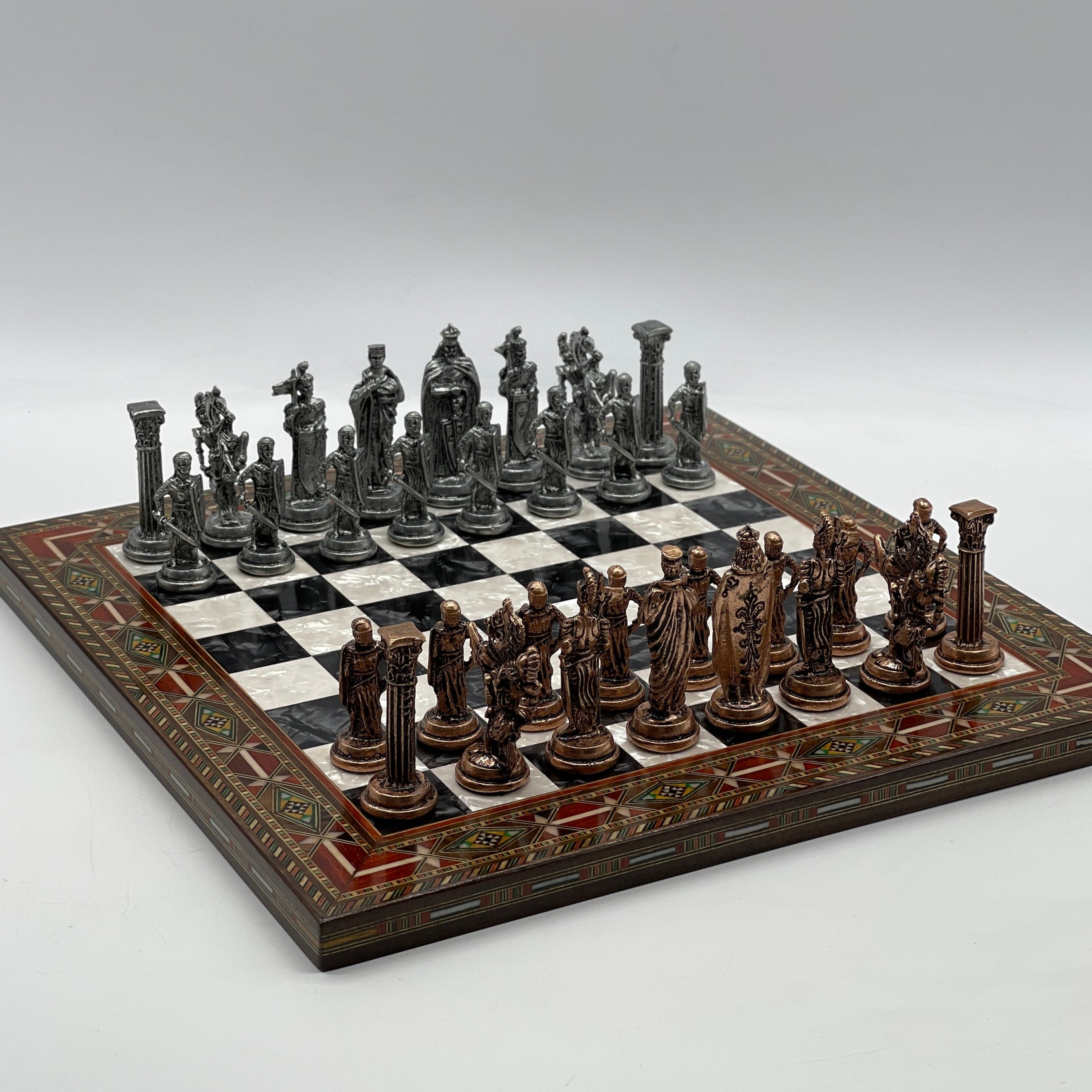 Luxury Handmade Pearl Embroidered Wooden Chess Board With Metal Chess Pieces