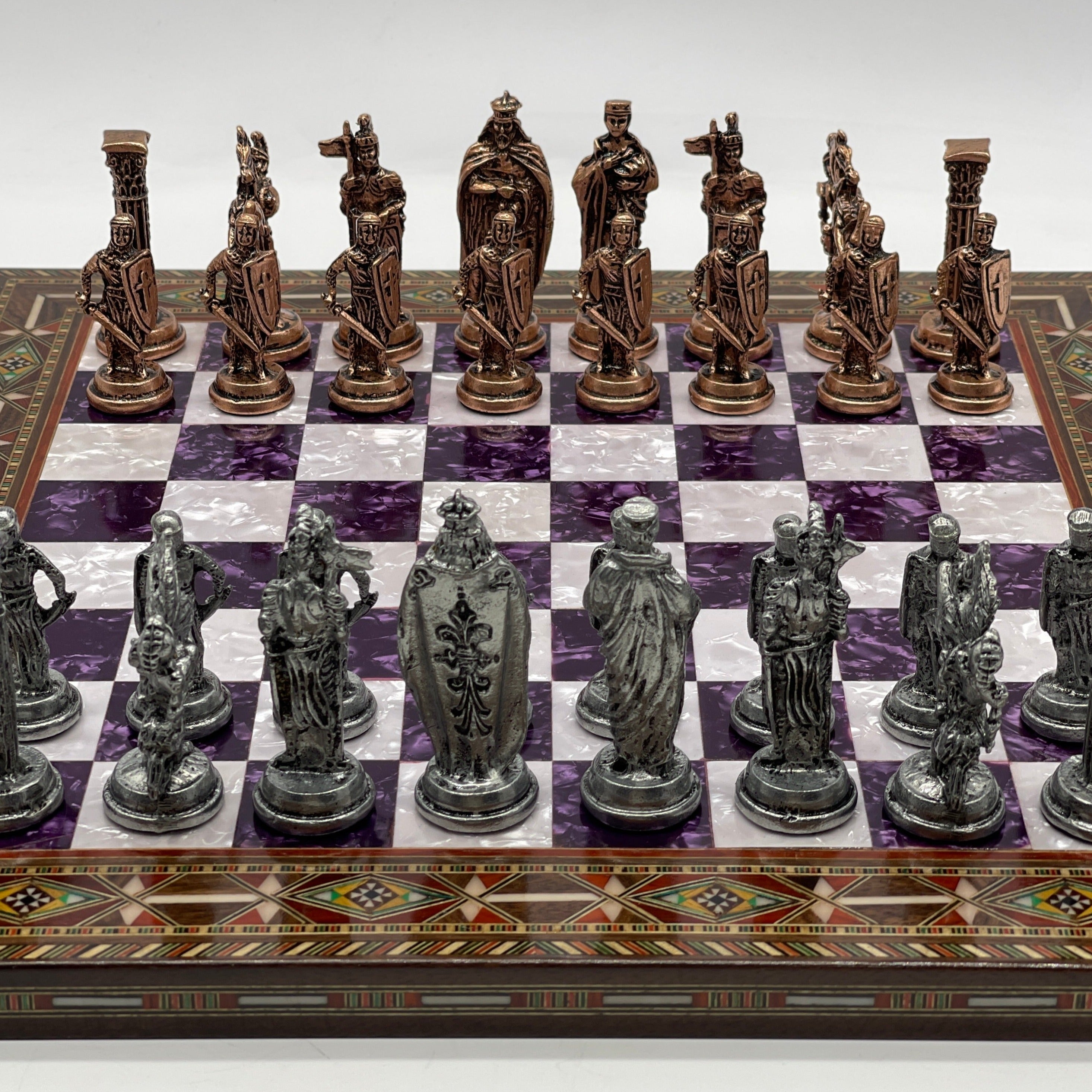 Luxury Handmade Pearl Embroidered Wooden Chess Board With Metal Chess Pieces