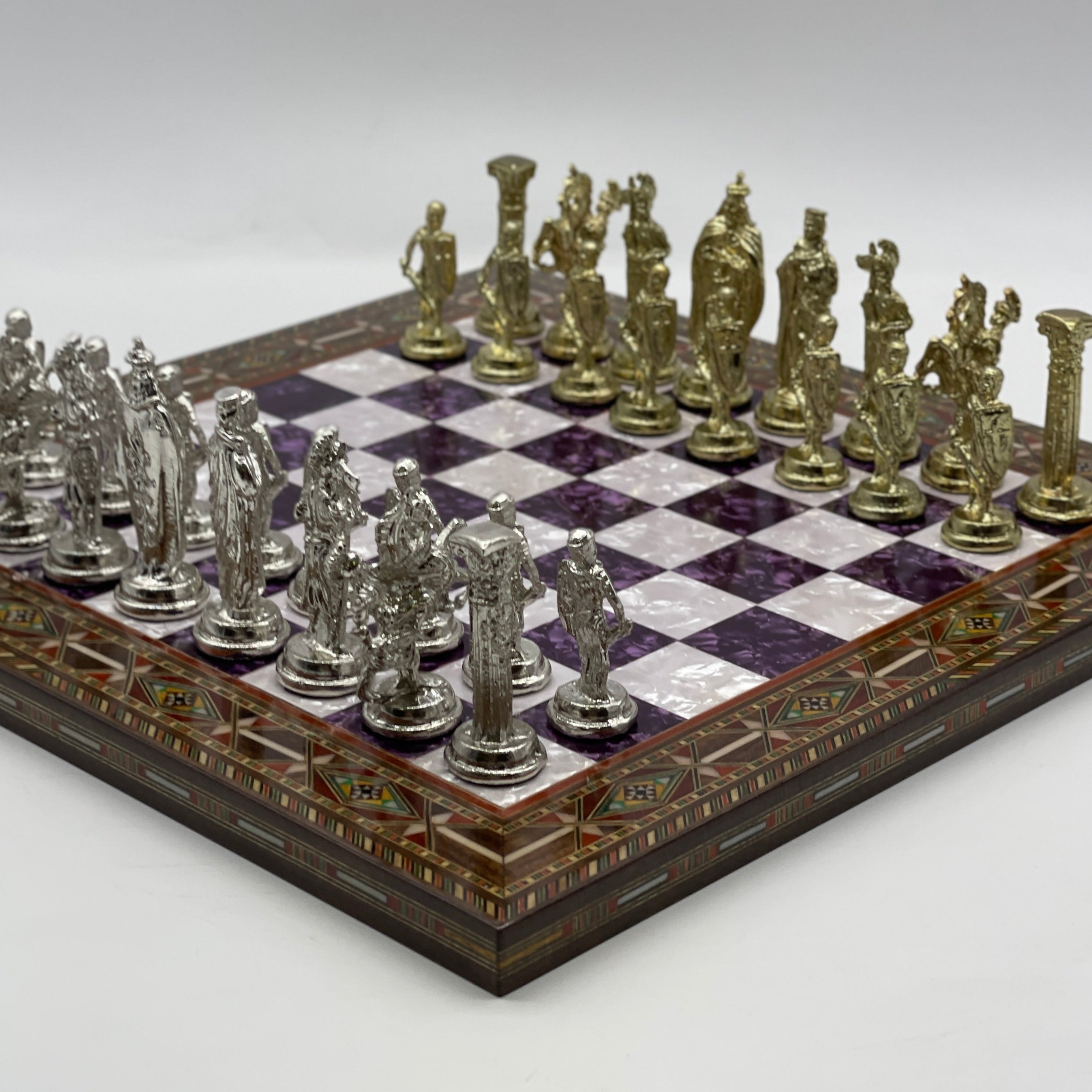 Luxury Handmade Pearl Embroidered Wooden Chess Board With Metal Chess Pieces