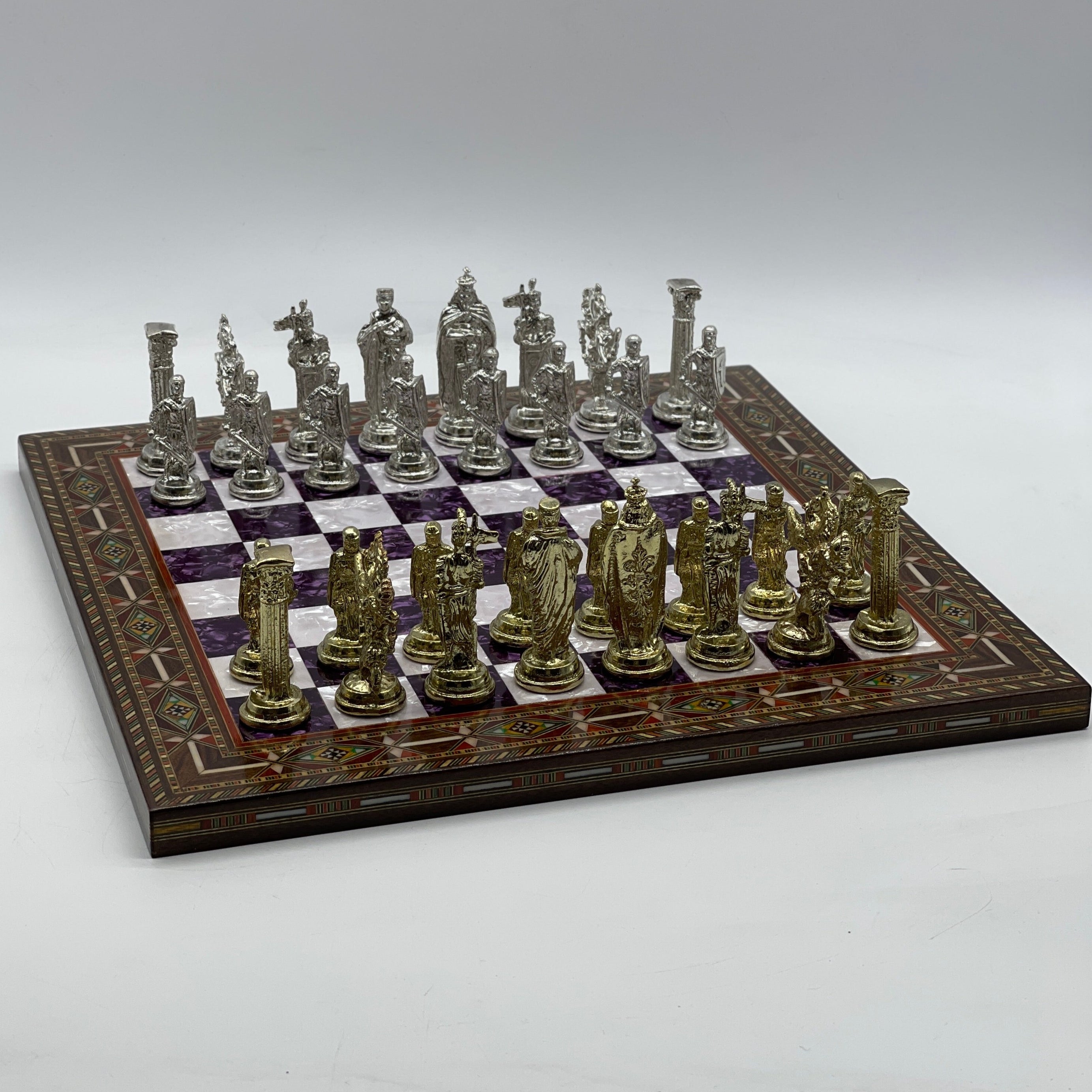 Luxury Handmade Pearl Embroidered Wooden Chess Board With Metal Chess Pieces