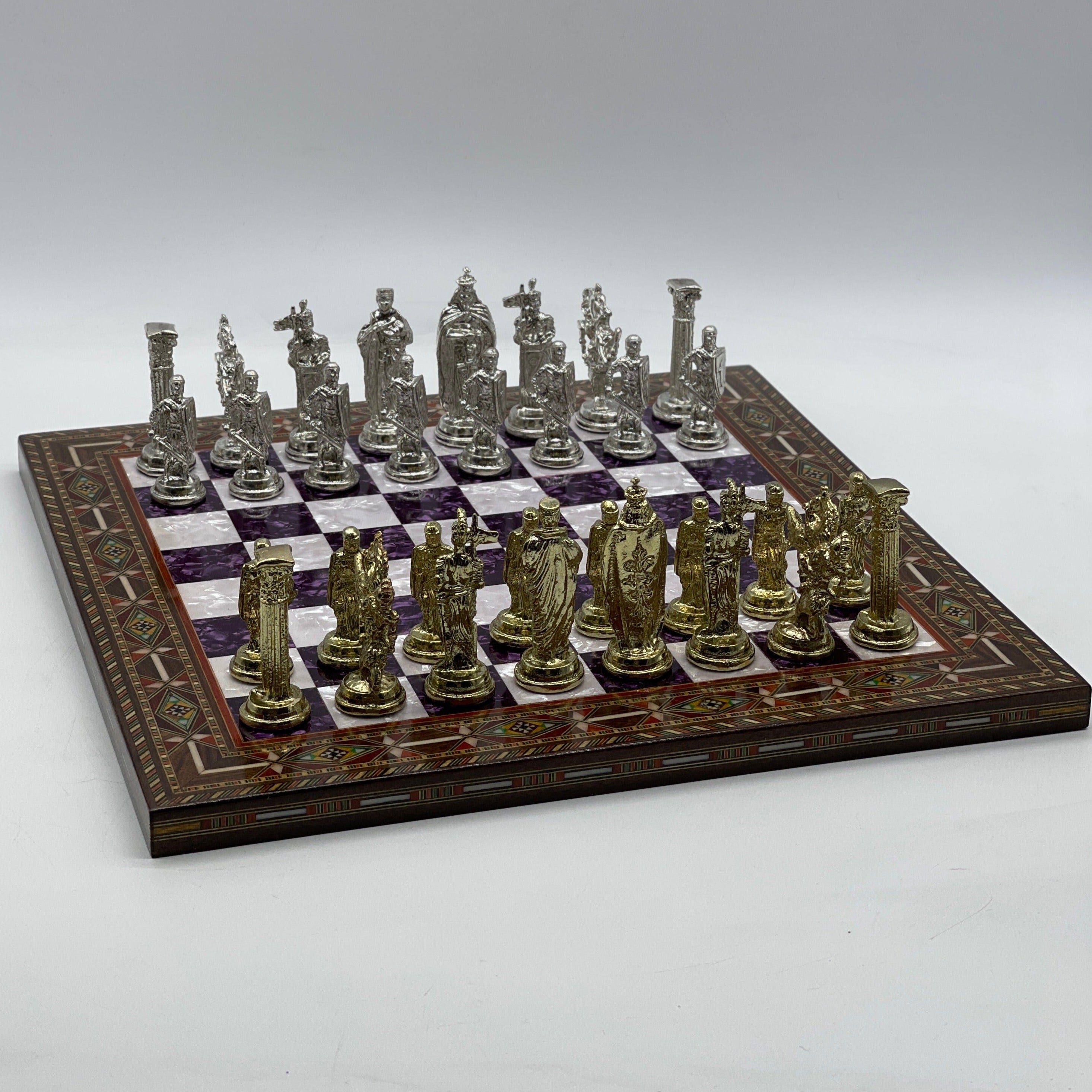 Luxury Handmade Pearl Embroidered Wooden Chess Board With Metal Chess Pieces
