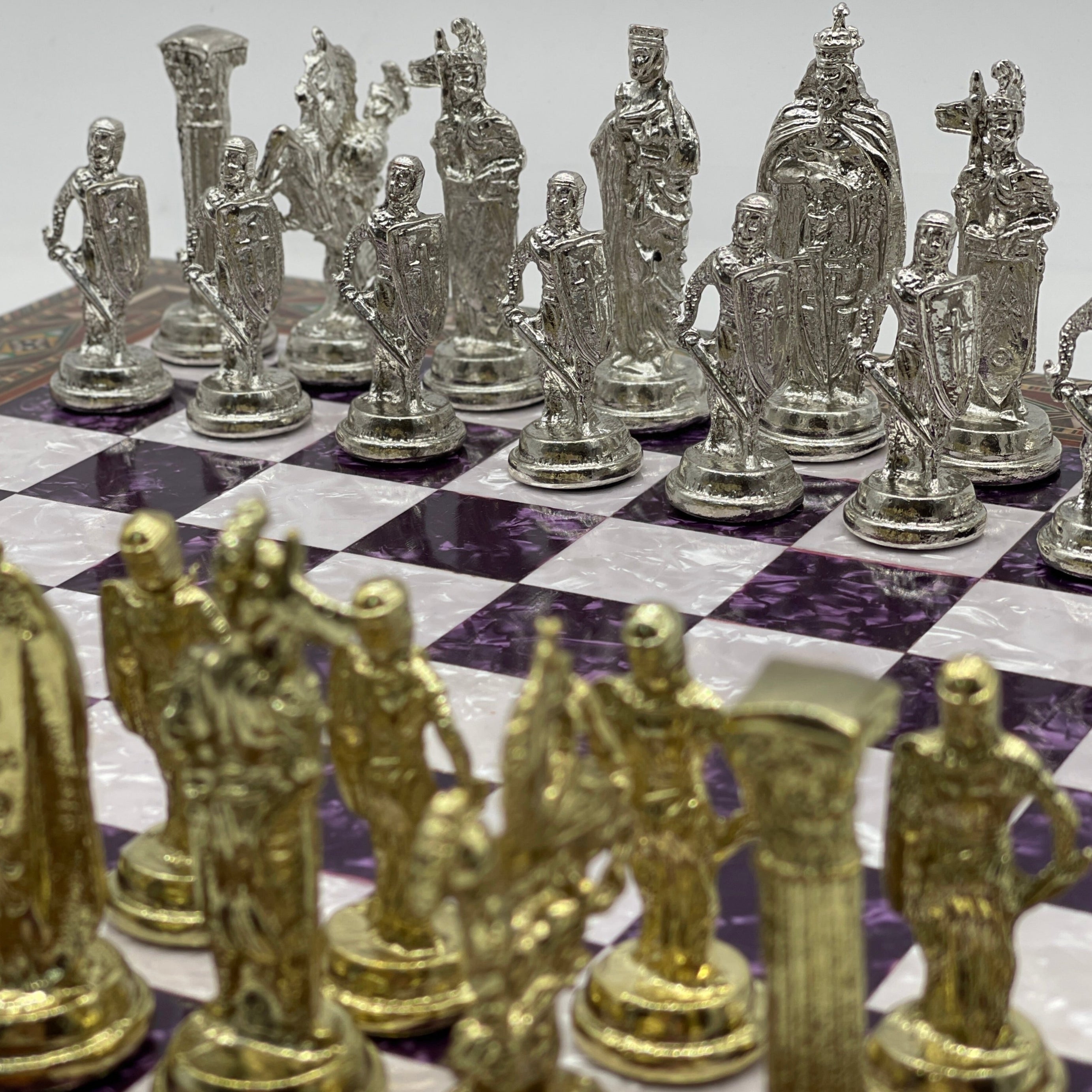 Luxury Handmade Pearl Embroidered Wooden Chess Board With Metal Chess Pieces