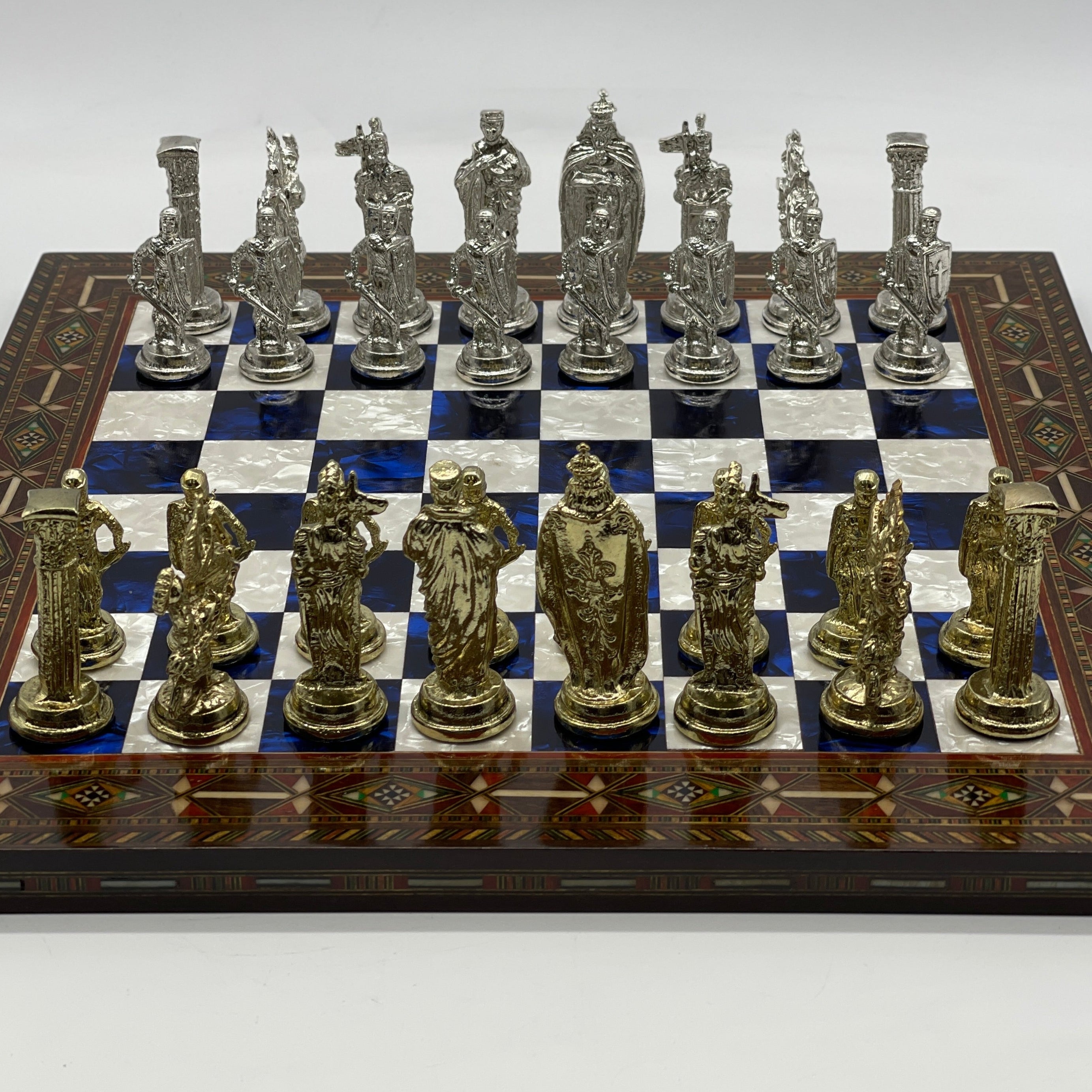 Luxury Handmade Pearl Embroidered Wooden Chess Board With Metal Chess Pieces