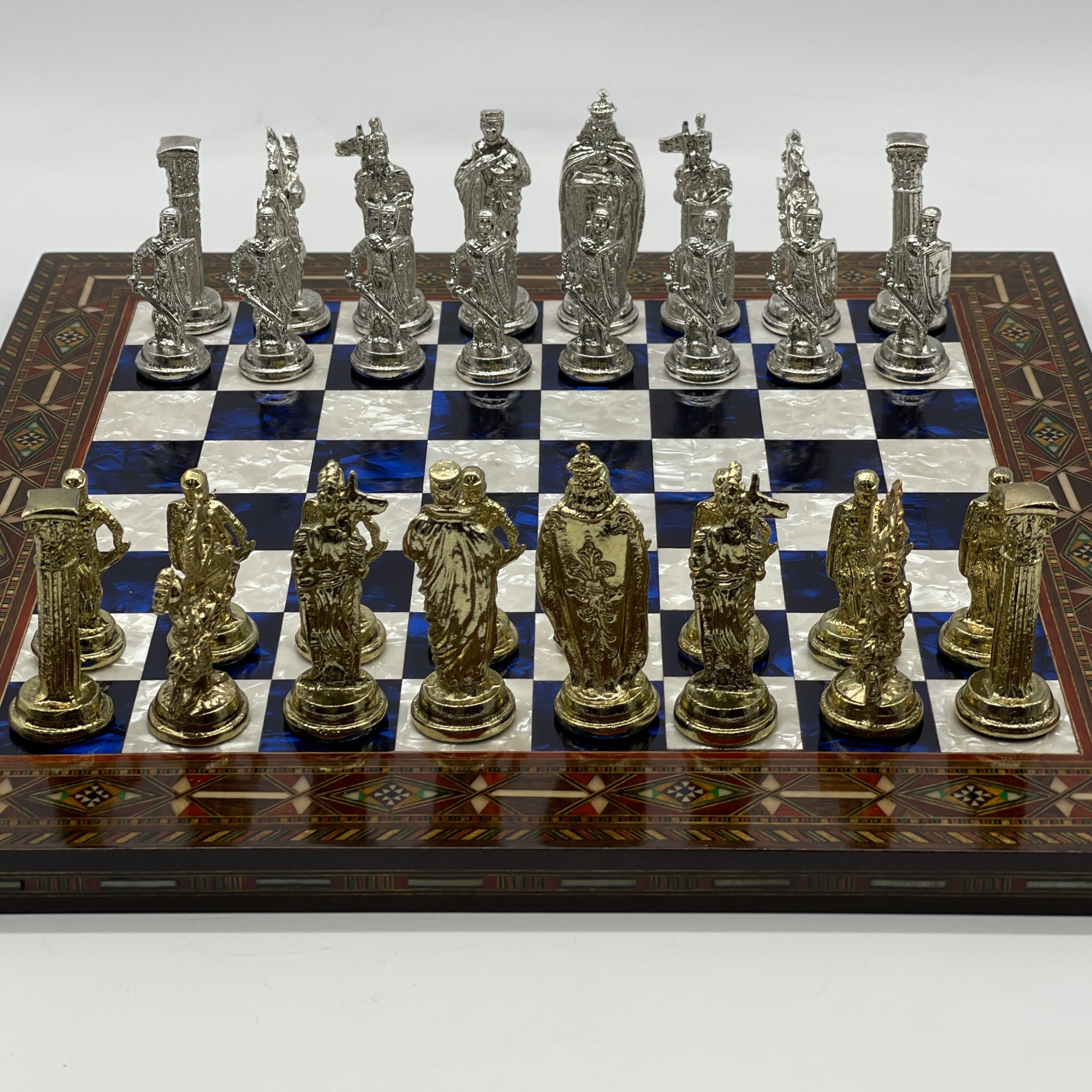Luxury Handmade Pearl Embroidered Wooden Chess Board With Metal Chess Pieces