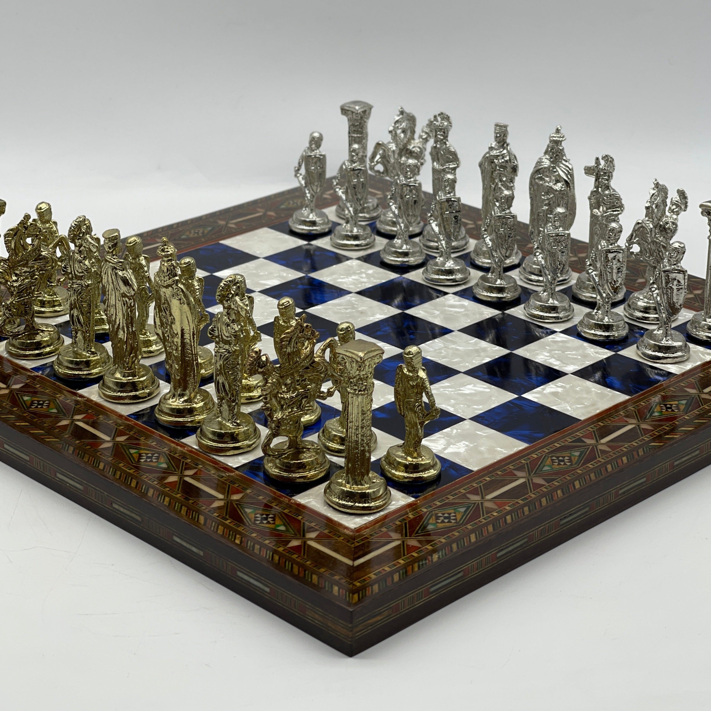 Luxury Handmade Pearl Embroidered Wooden Chess Board With Metal Chess Pieces