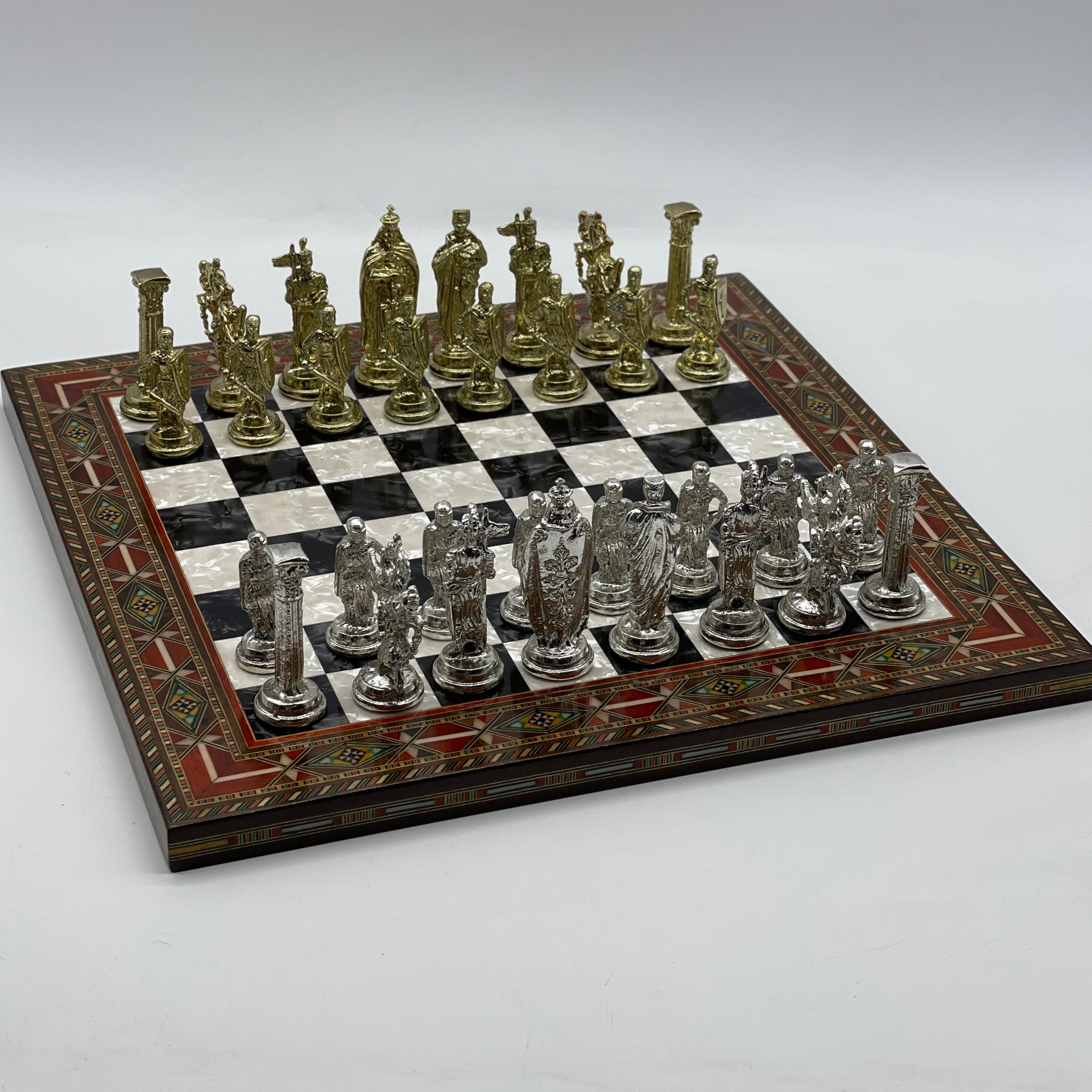 Luxury Handmade Pearl Embroidered Wooden Chess Board With Metal Chess Pieces