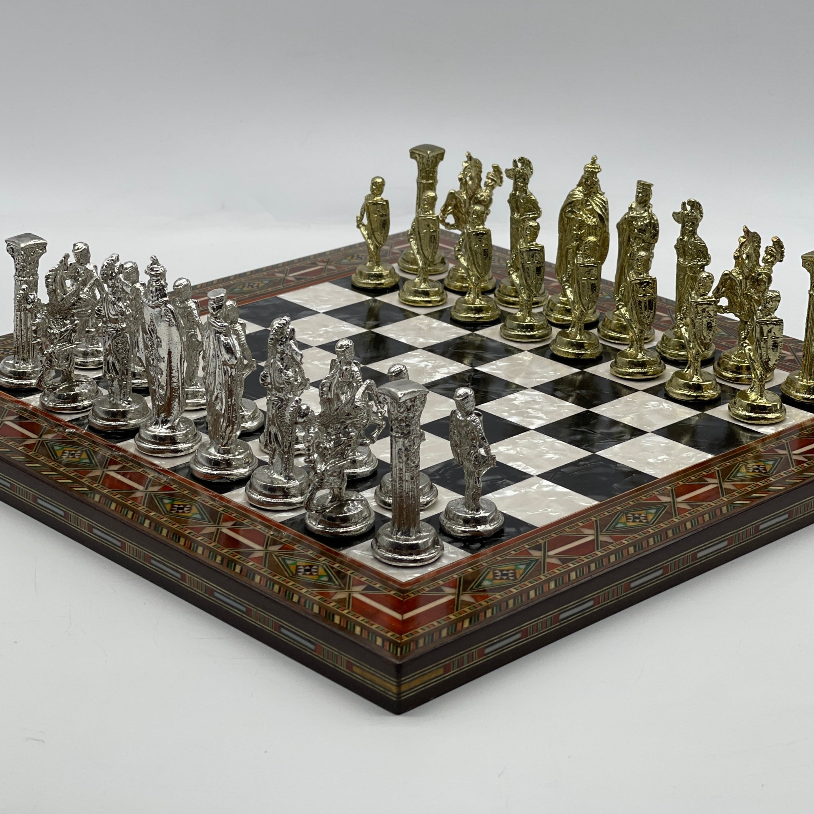 Luxury Handmade Pearl Embroidered Wooden Chess Board With Metal Chess Pieces