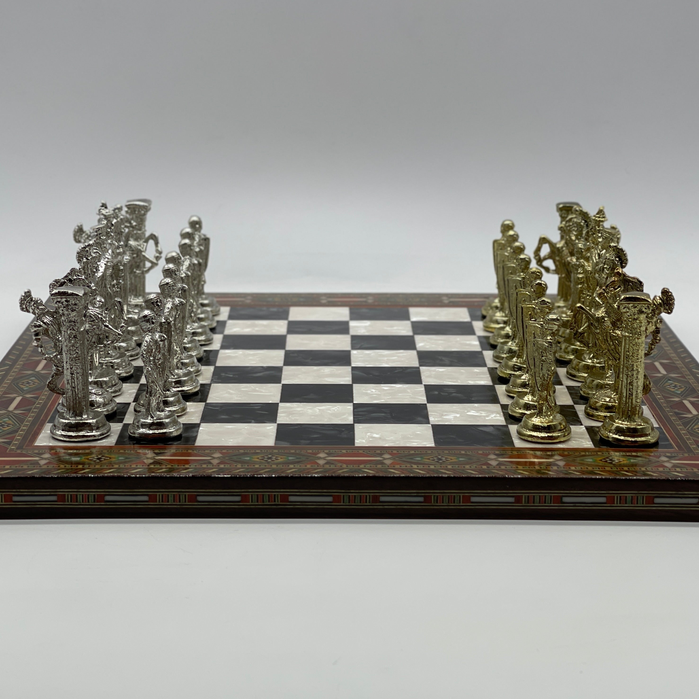 Luxury Handmade Pearl Embroidered Wooden Chess Board With Metal Chess Pieces