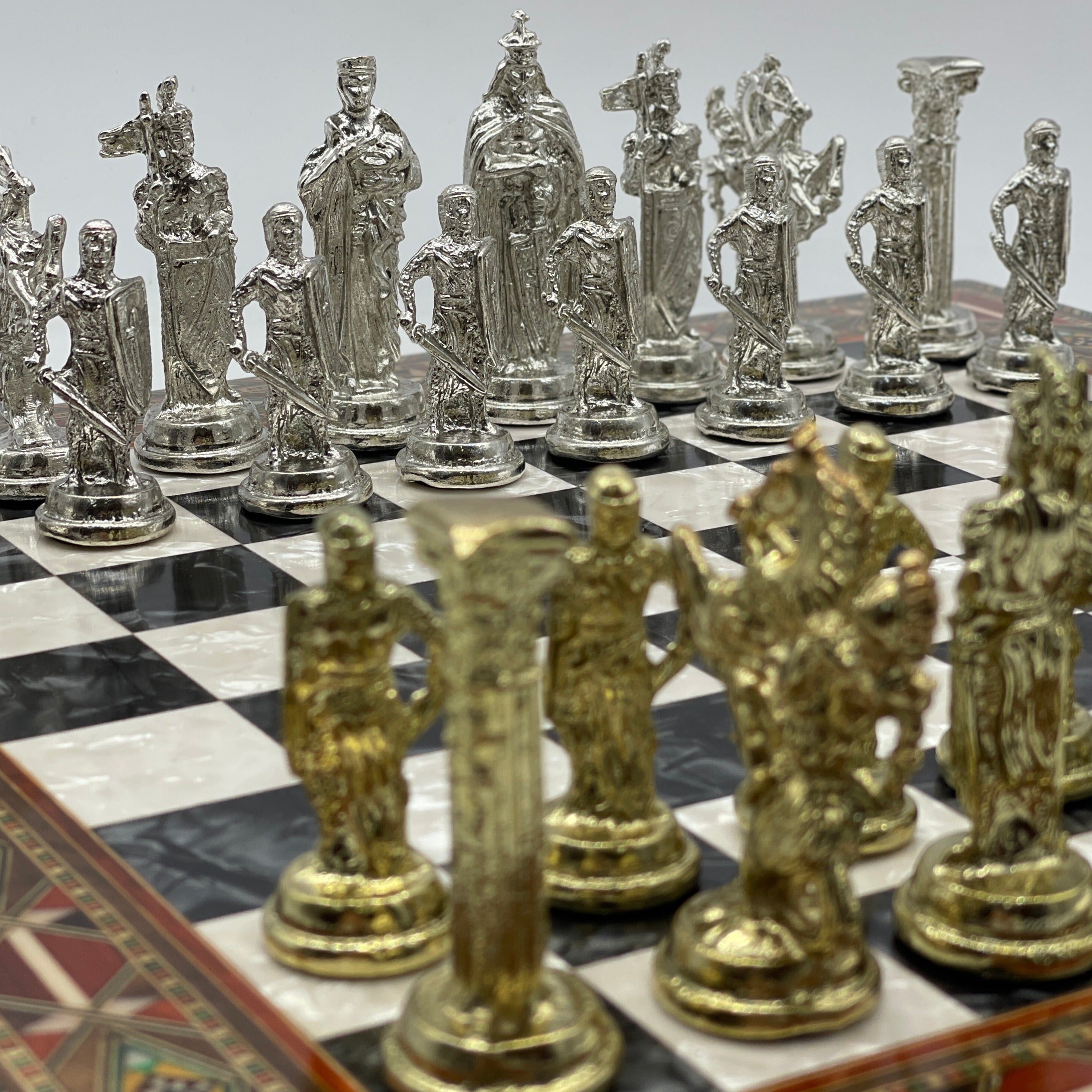 Luxury Handmade Pearl Embroidered Wooden Chess Board With Metal Chess Pieces