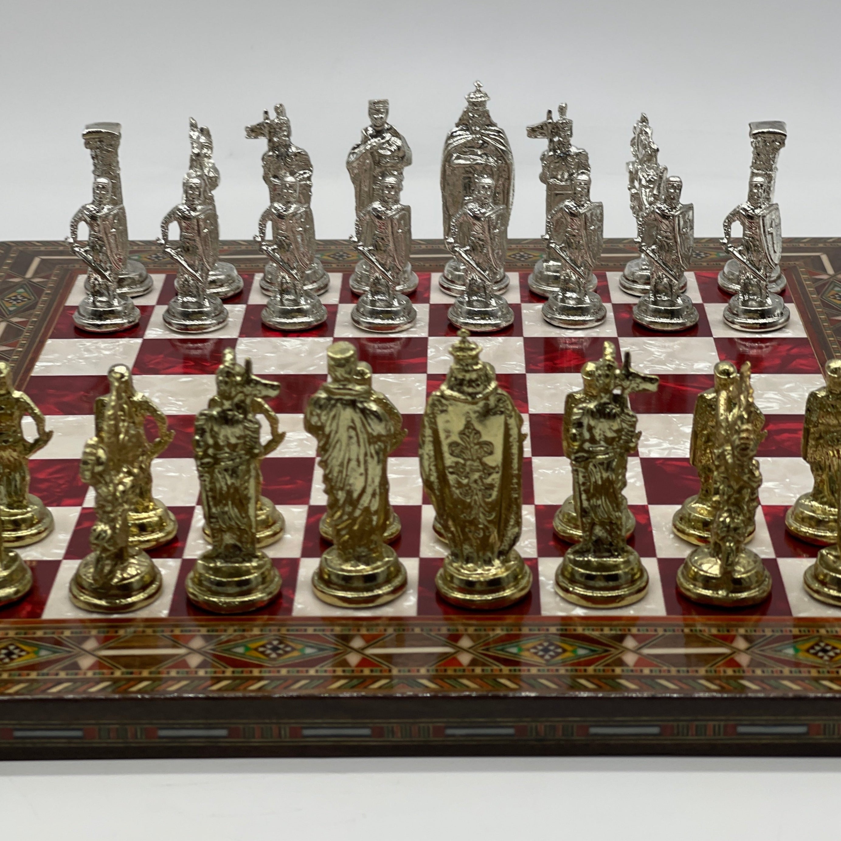 Luxury Handmade Pearl Embroidered Wooden Chess Board With Metal Chess Pieces