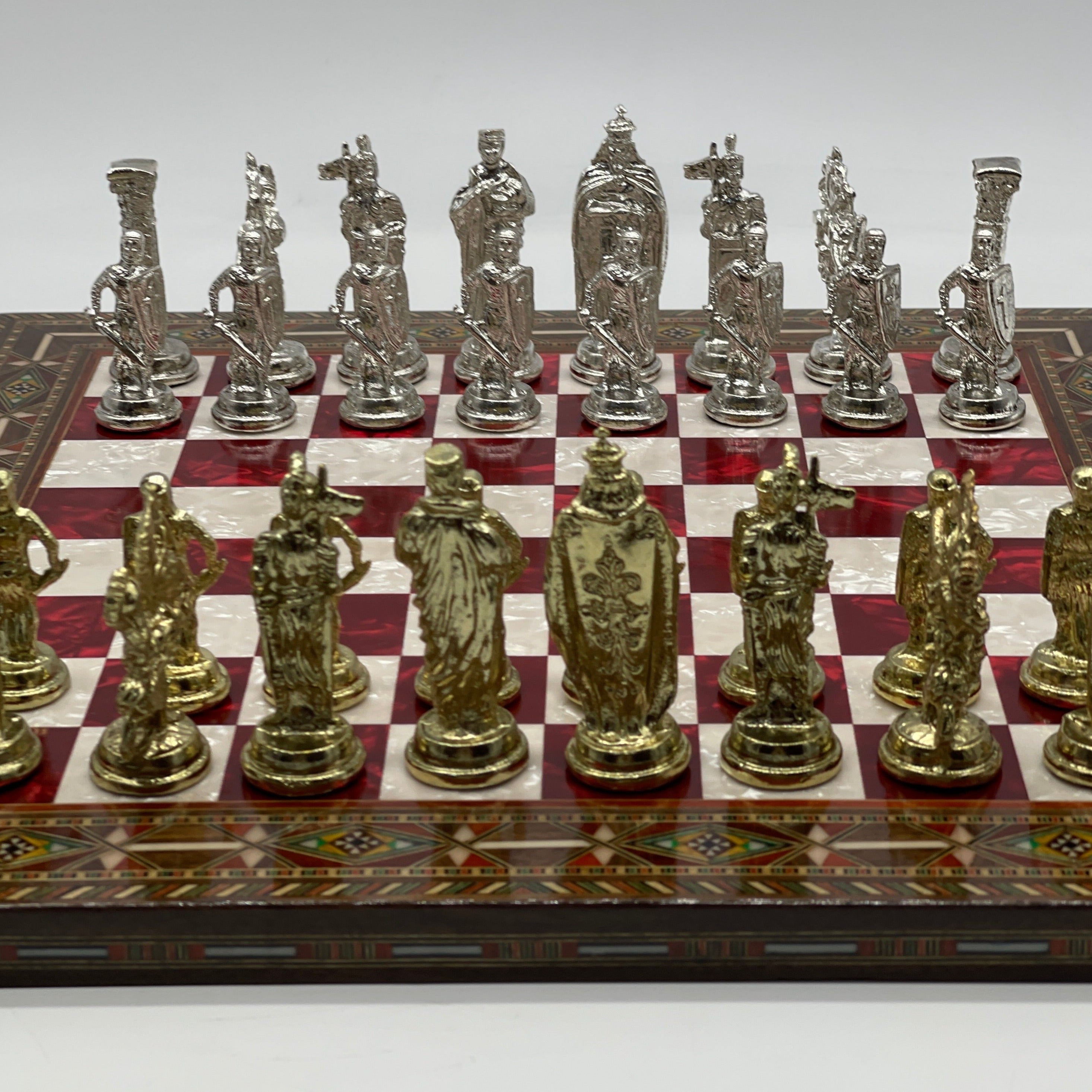 Luxury Handmade Pearl Embroidered Wooden Chess Board With Metal Chess Pieces
