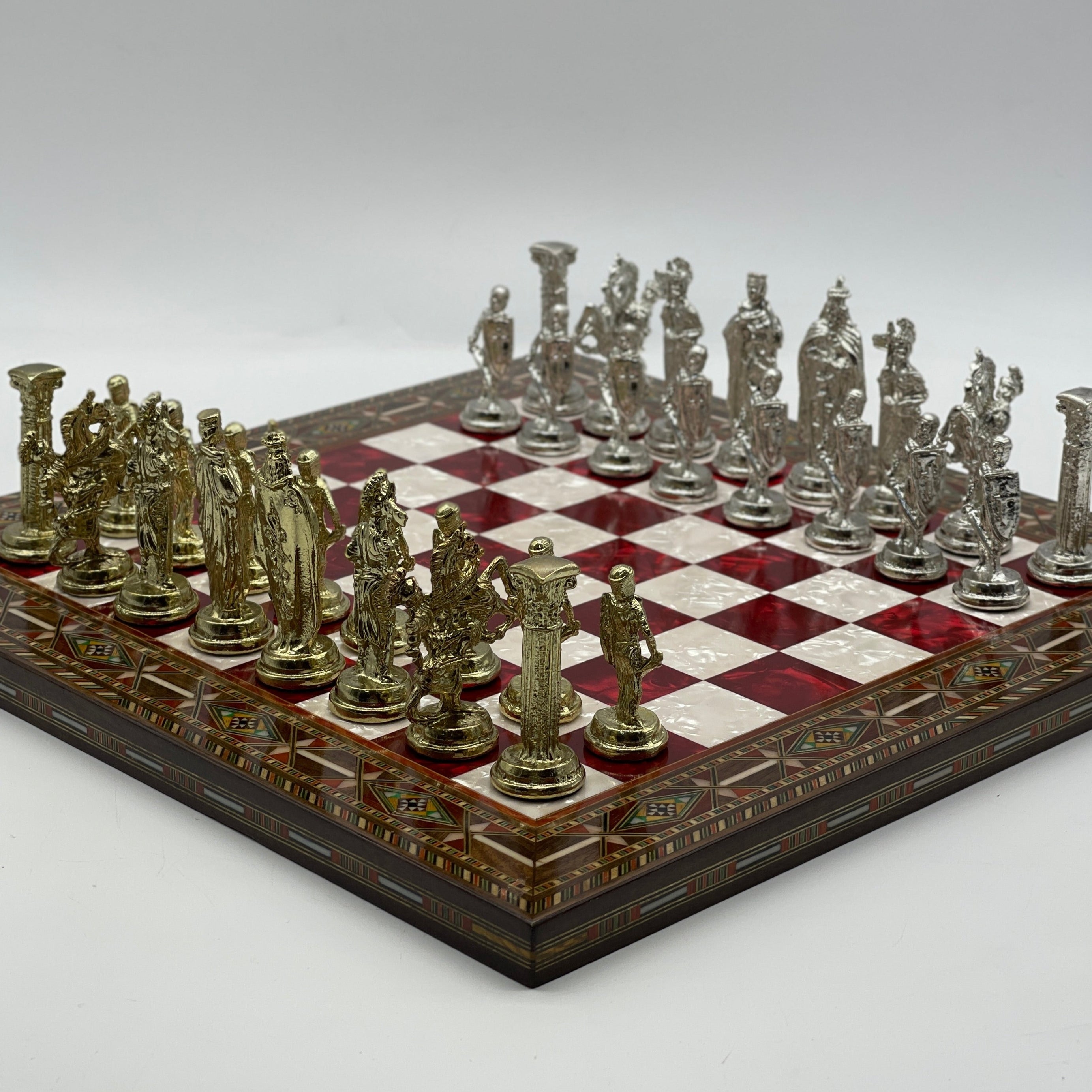 Luxury Handmade Pearl Embroidered Wooden Chess Board With Metal Chess Pieces