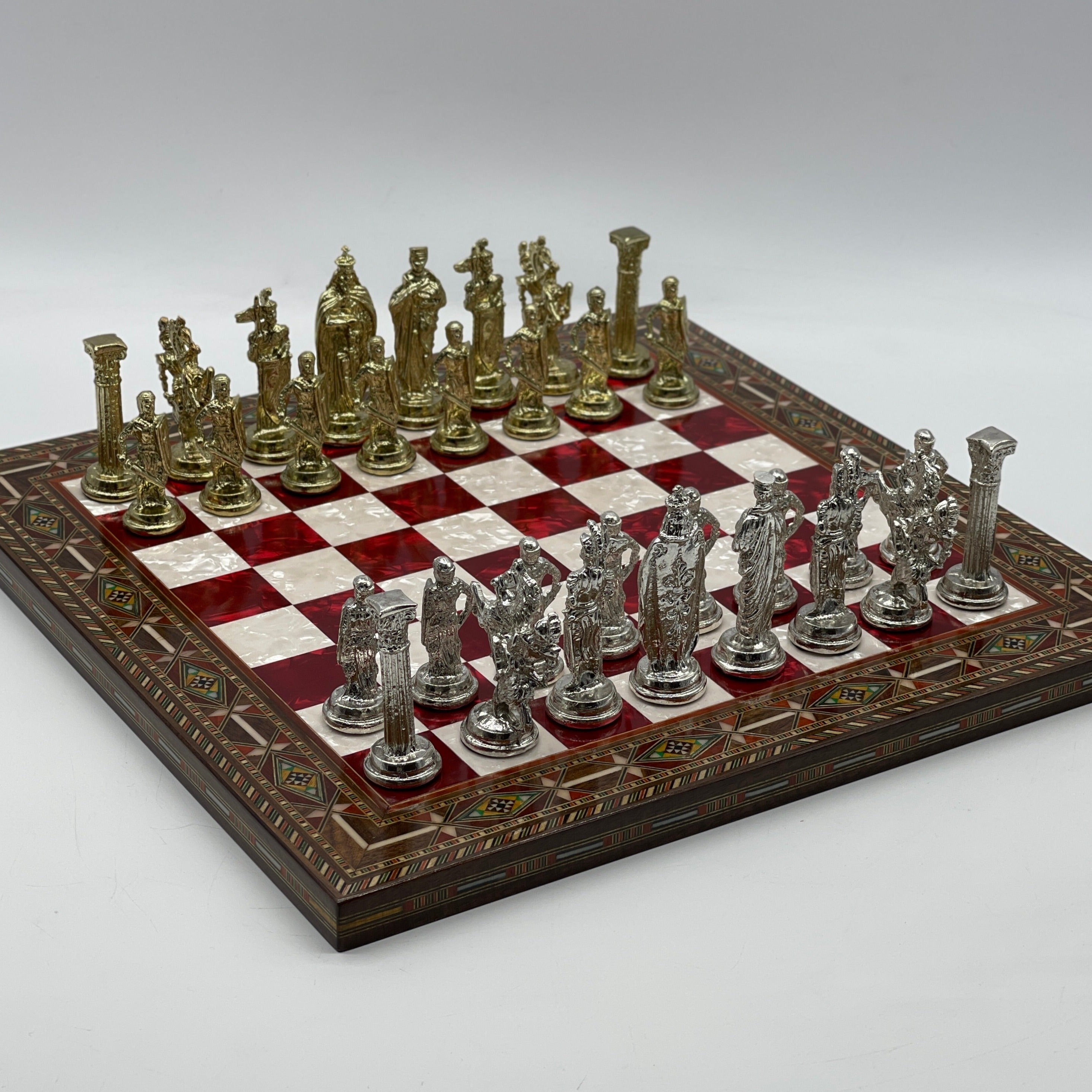 Luxury Handmade Pearl Embroidered Wooden Chess Board With Metal Chess Pieces