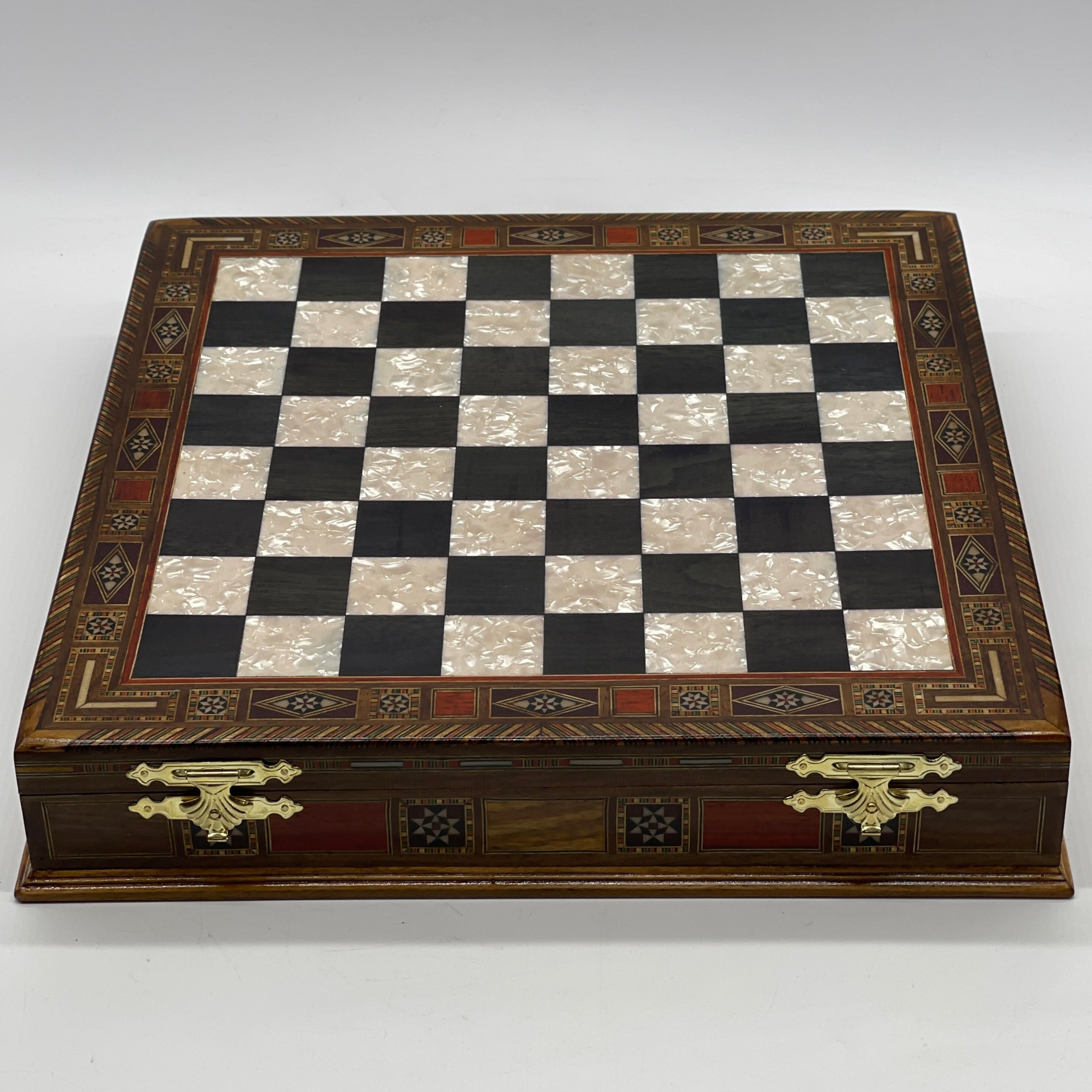 15.3" Black Wooden Boxed Chess Set With Handmade British Metal Chess Pieces