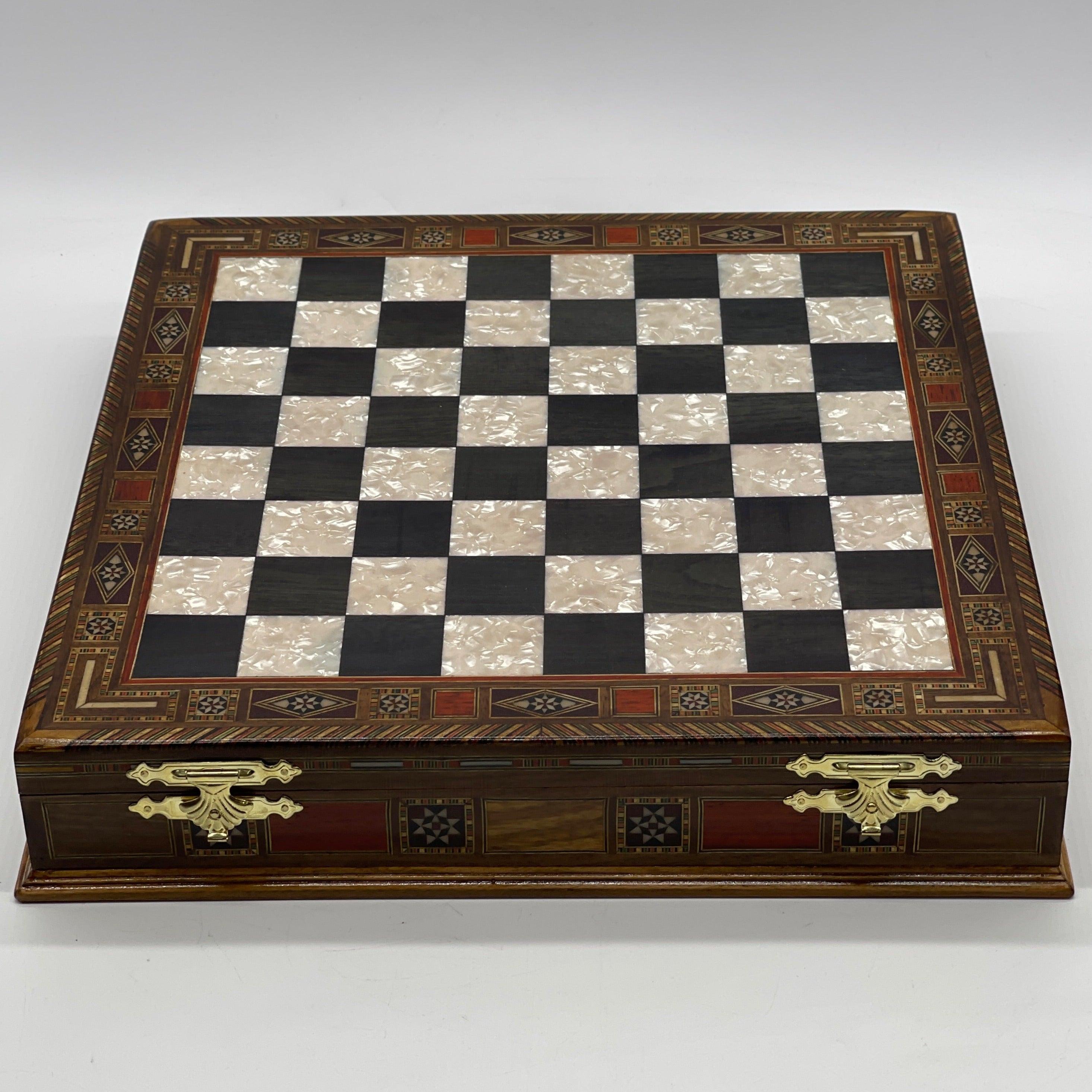 15.3" Black Wooden Boxed Chess Set With Handmade British Metal Chess Pieces