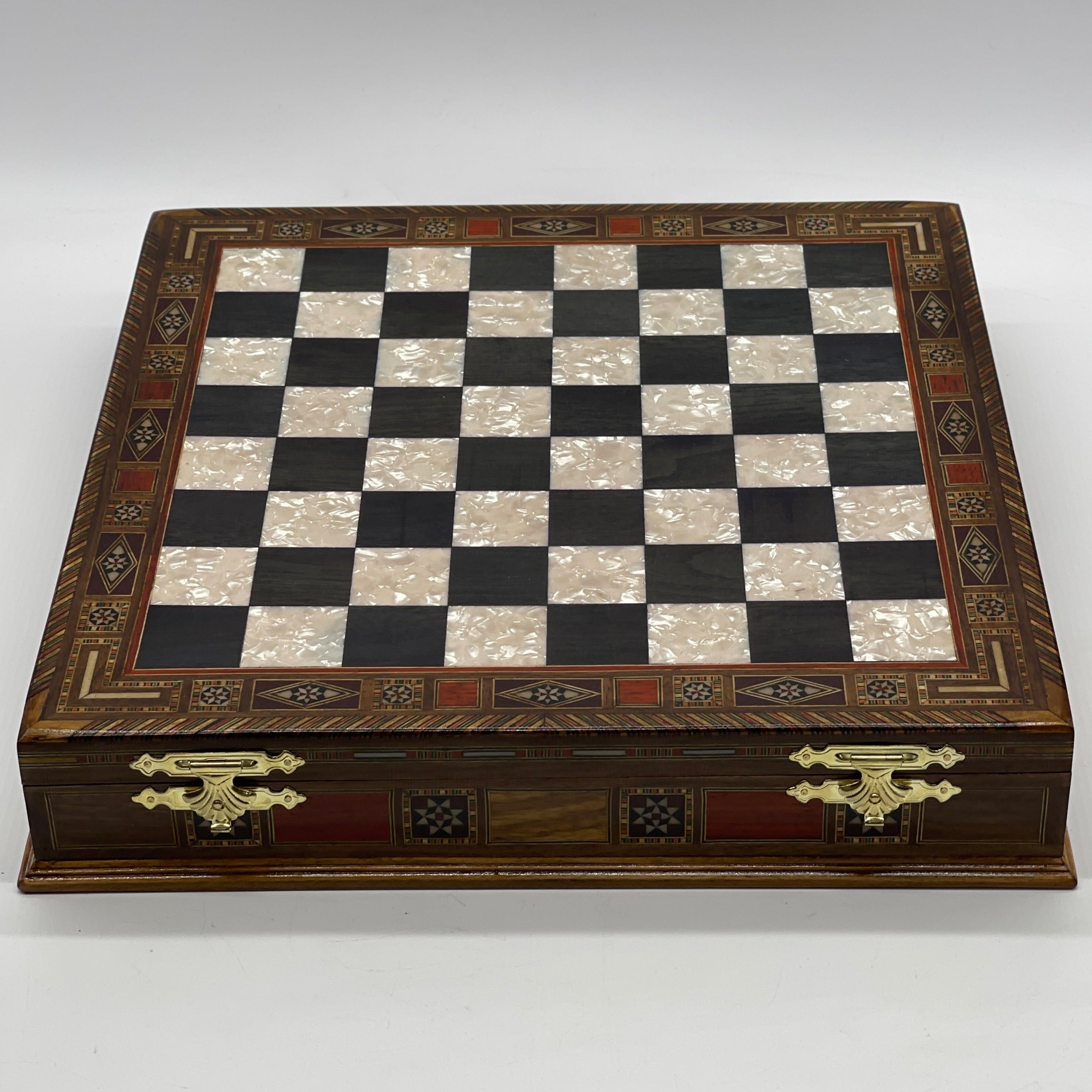 15" Black Wooden Boxed Chess Set With Handmade British Metal Chess Pieces