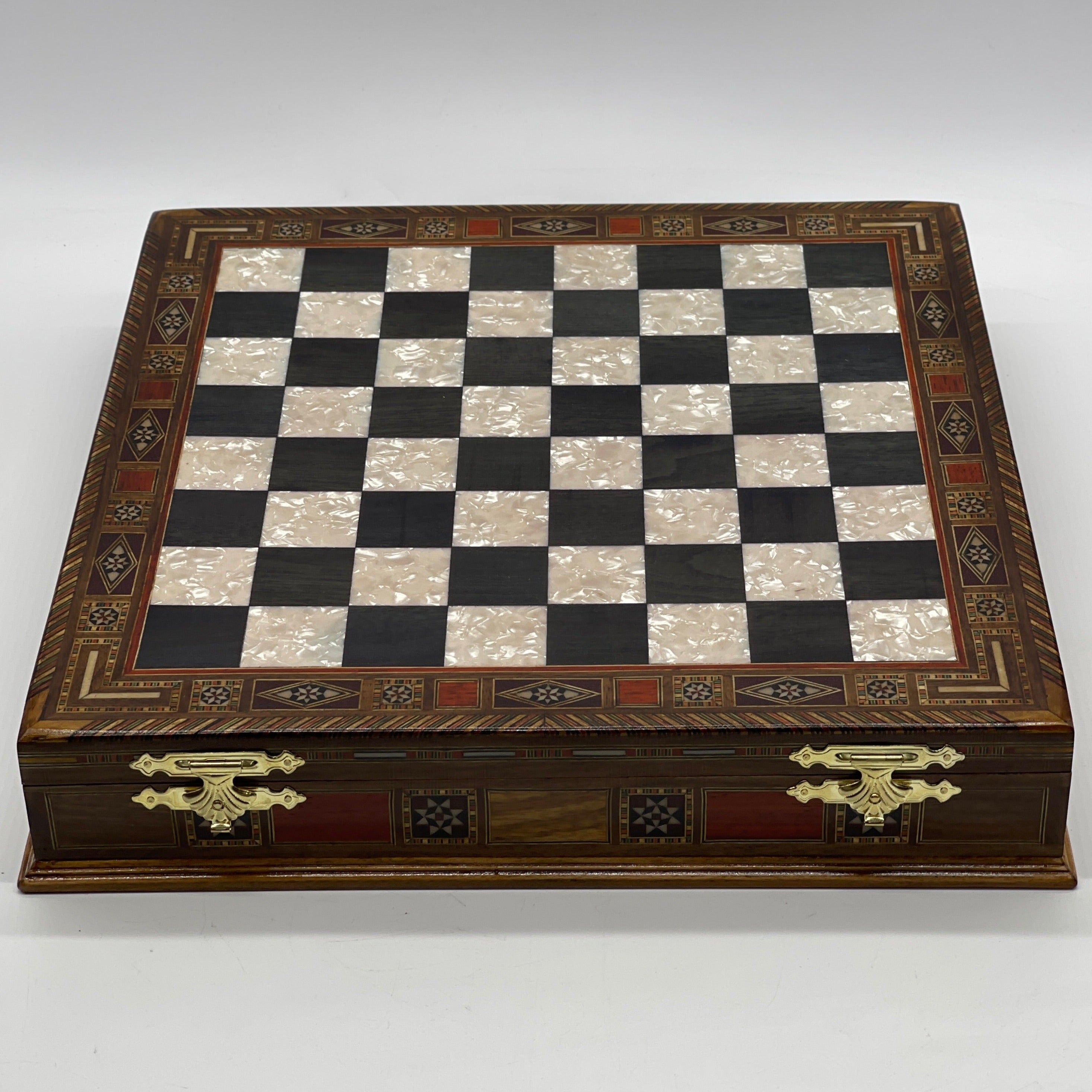 15" Black Wooden Boxed Chess Set With Handmade British Metal Chess Pieces