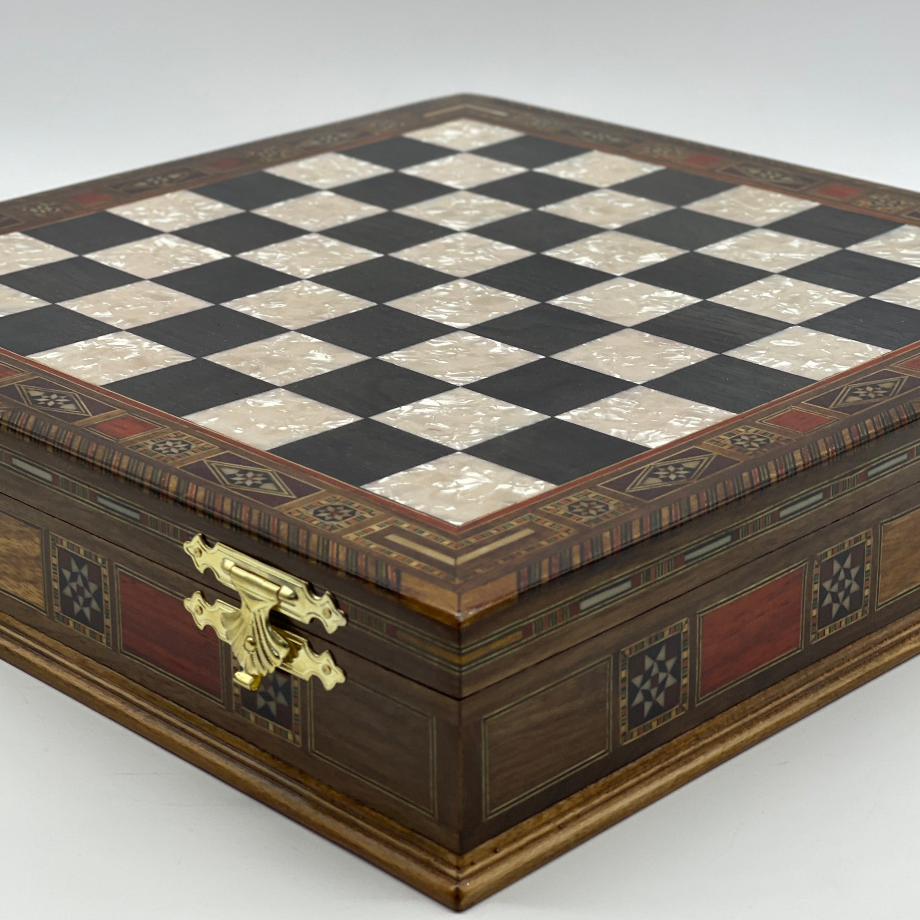 15" Black Wooden Boxed Chess Set With Handmade British Metal Chess Pieces