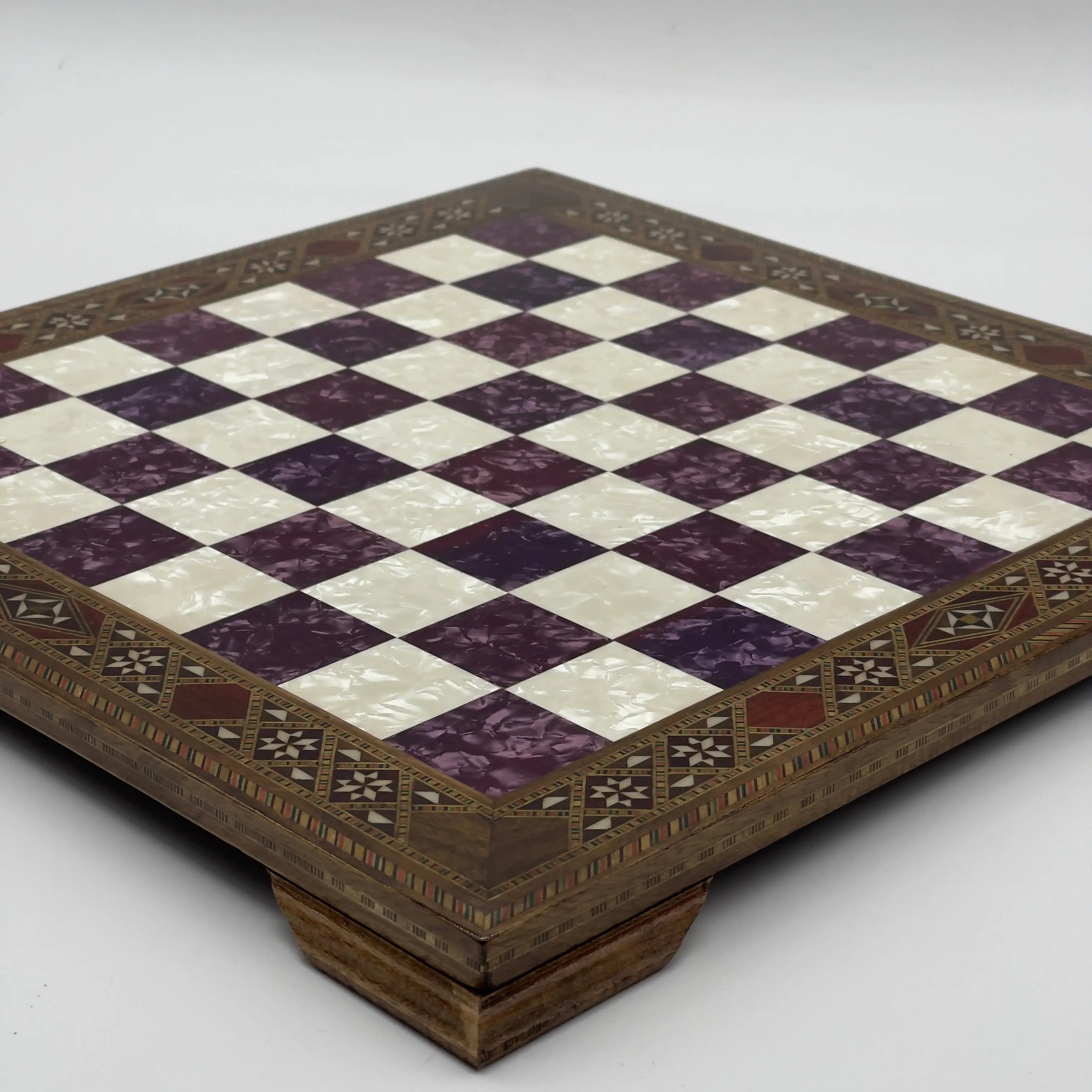 15" Purple Handmade Patterned Luxury Wooden Chess Board With Legs