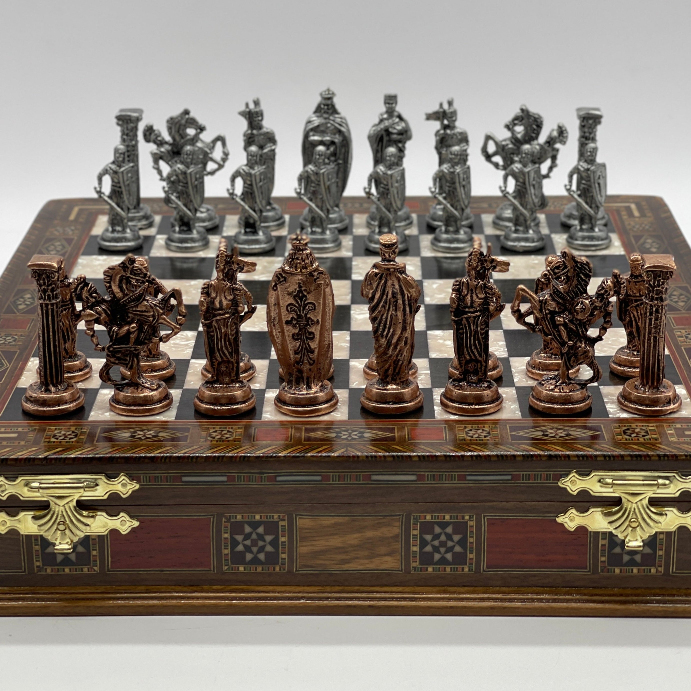 15.3" Black Wooden Boxed Chess Set With Handmade British Metal Chess Pieces