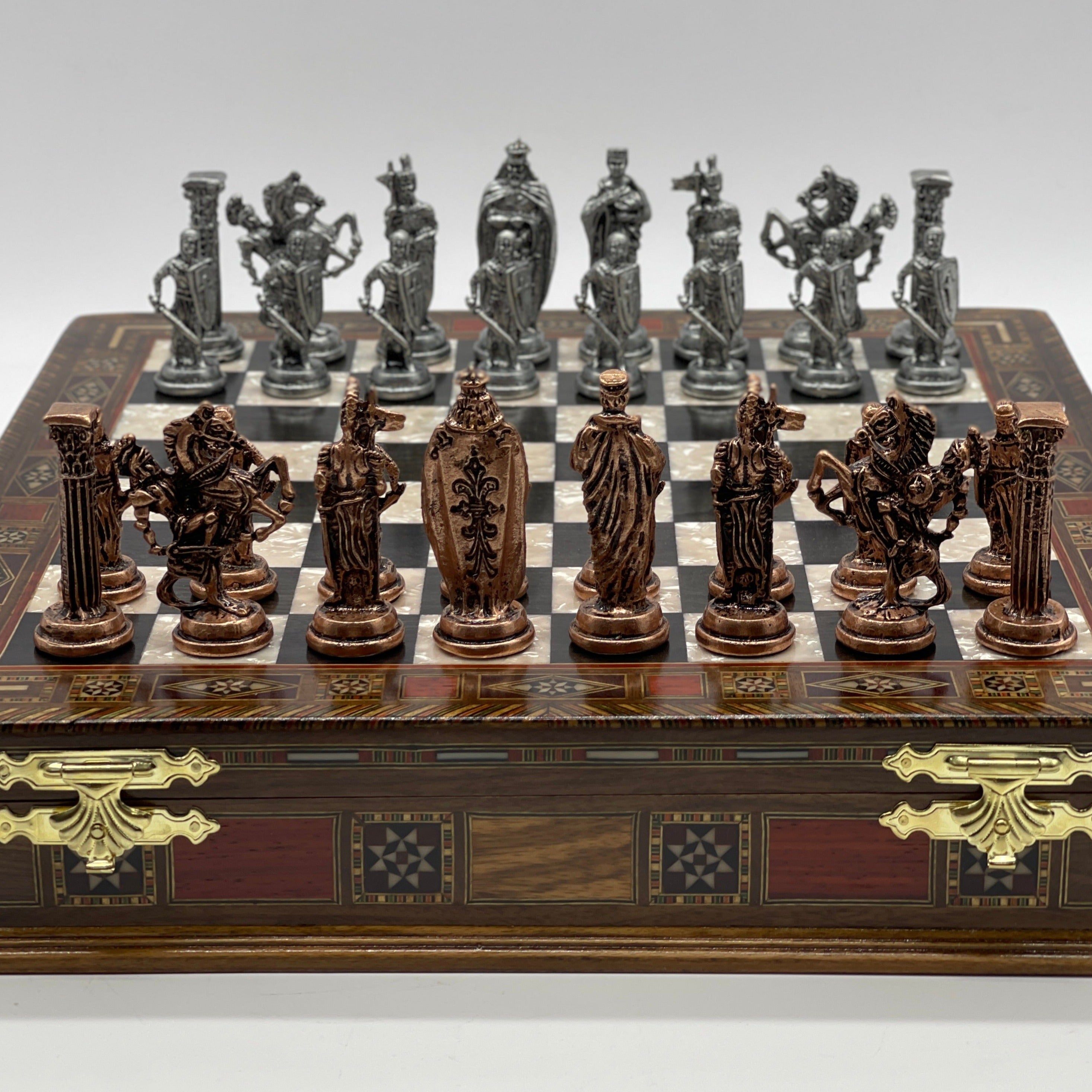 15.3" Black Wooden Boxed Chess Set With Handmade British Metal Chess Pieces