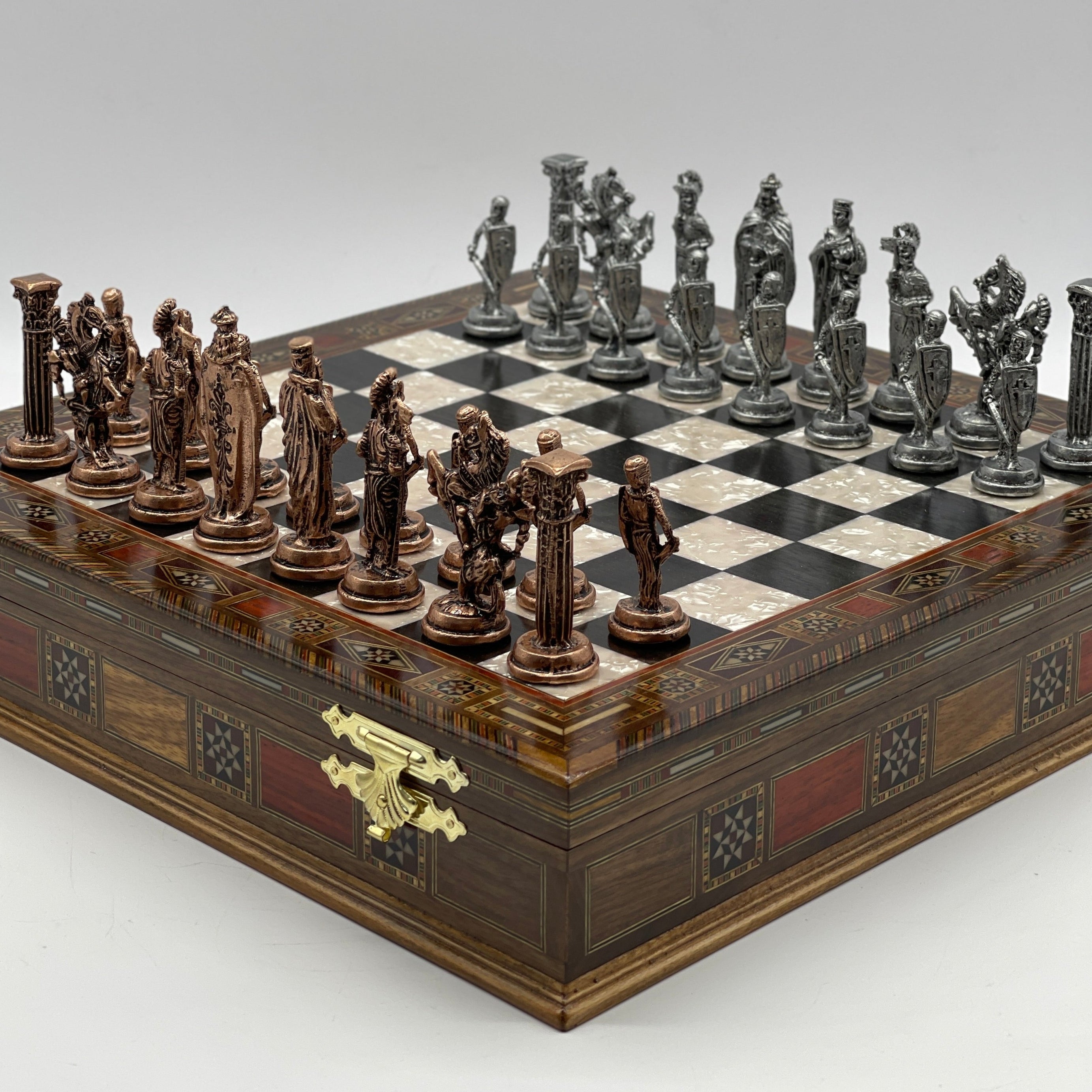 15.3" Black Wooden Boxed Chess Set With Handmade British Metal Chess Pieces