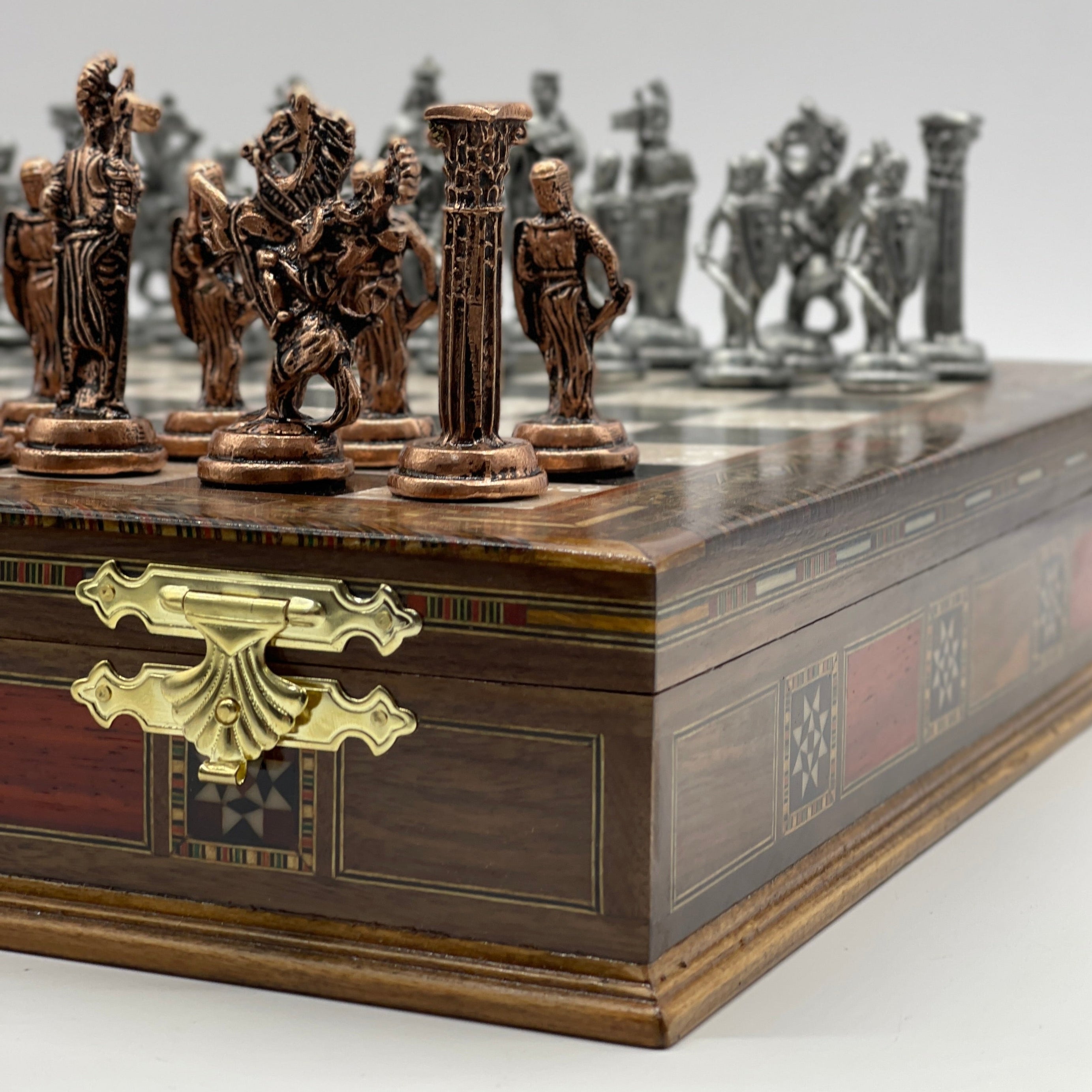 15.3" Black Wooden Boxed Chess Set With Handmade British Metal Chess Pieces