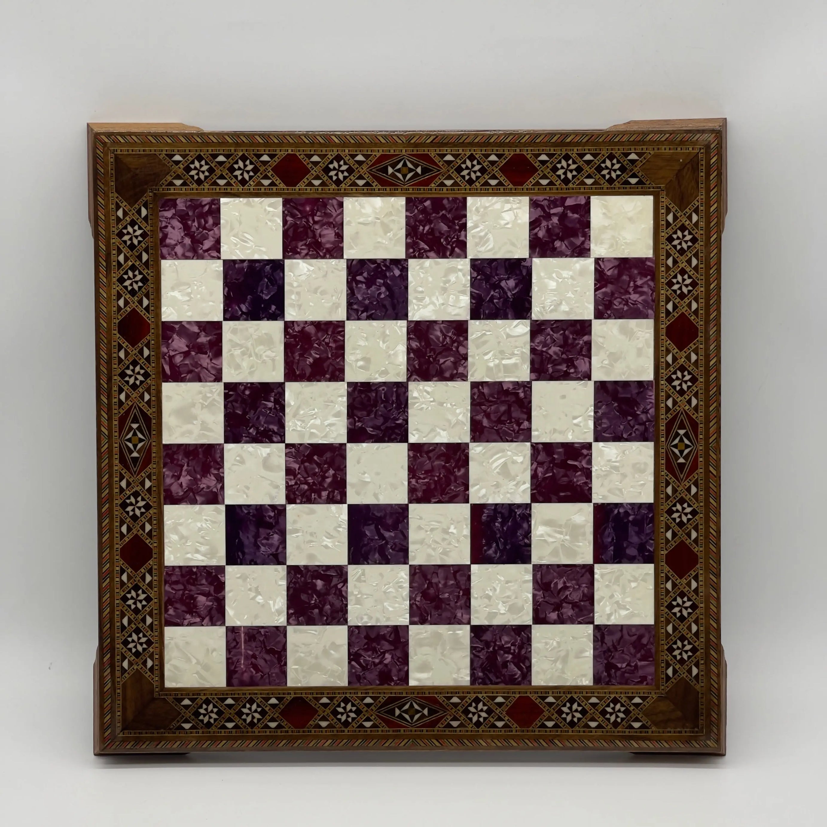 15" Purple Handmade Patterned Luxury Wooden Chess Board With Legs