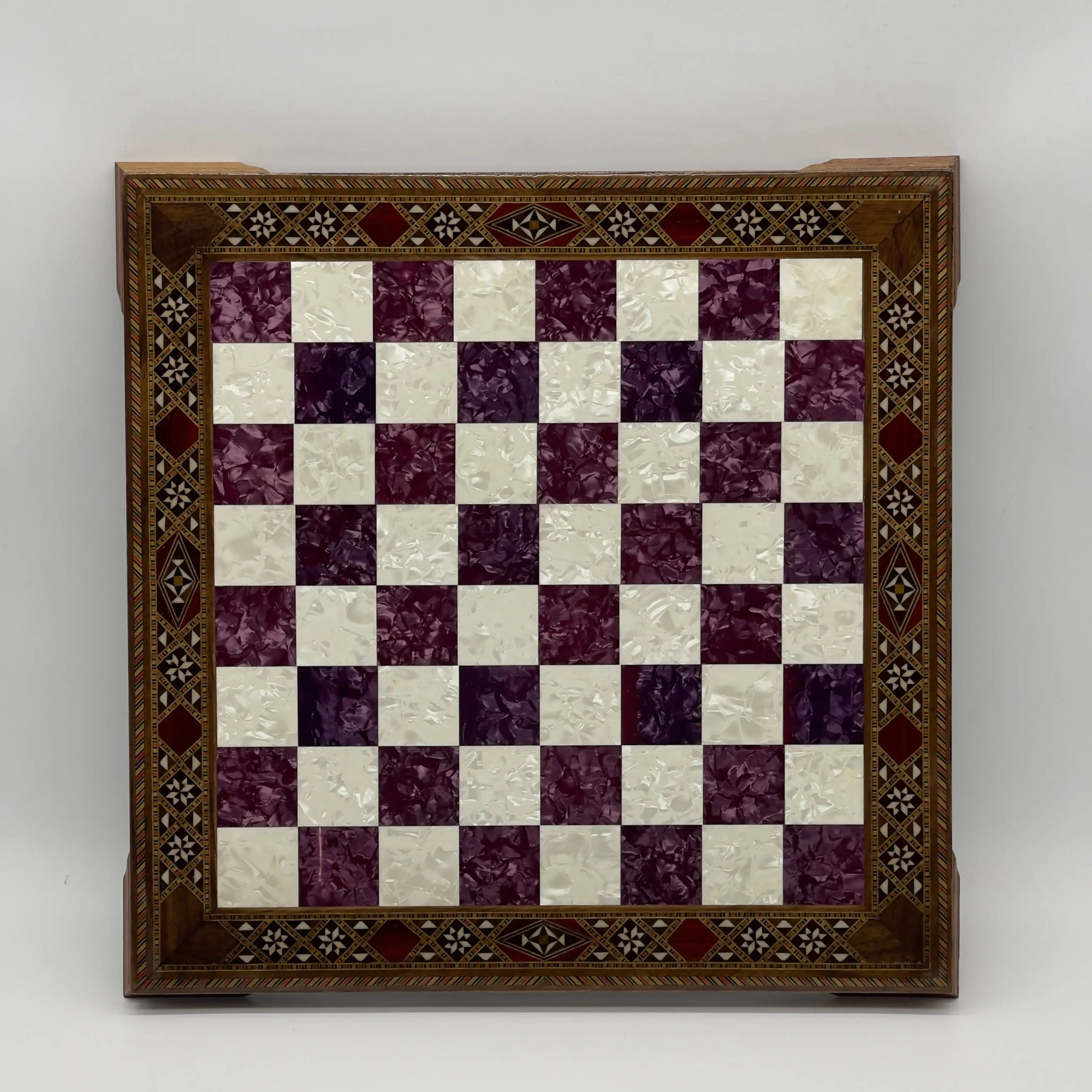 15" Purple Handmade Patterned Luxury Wooden Chess Board With Legs