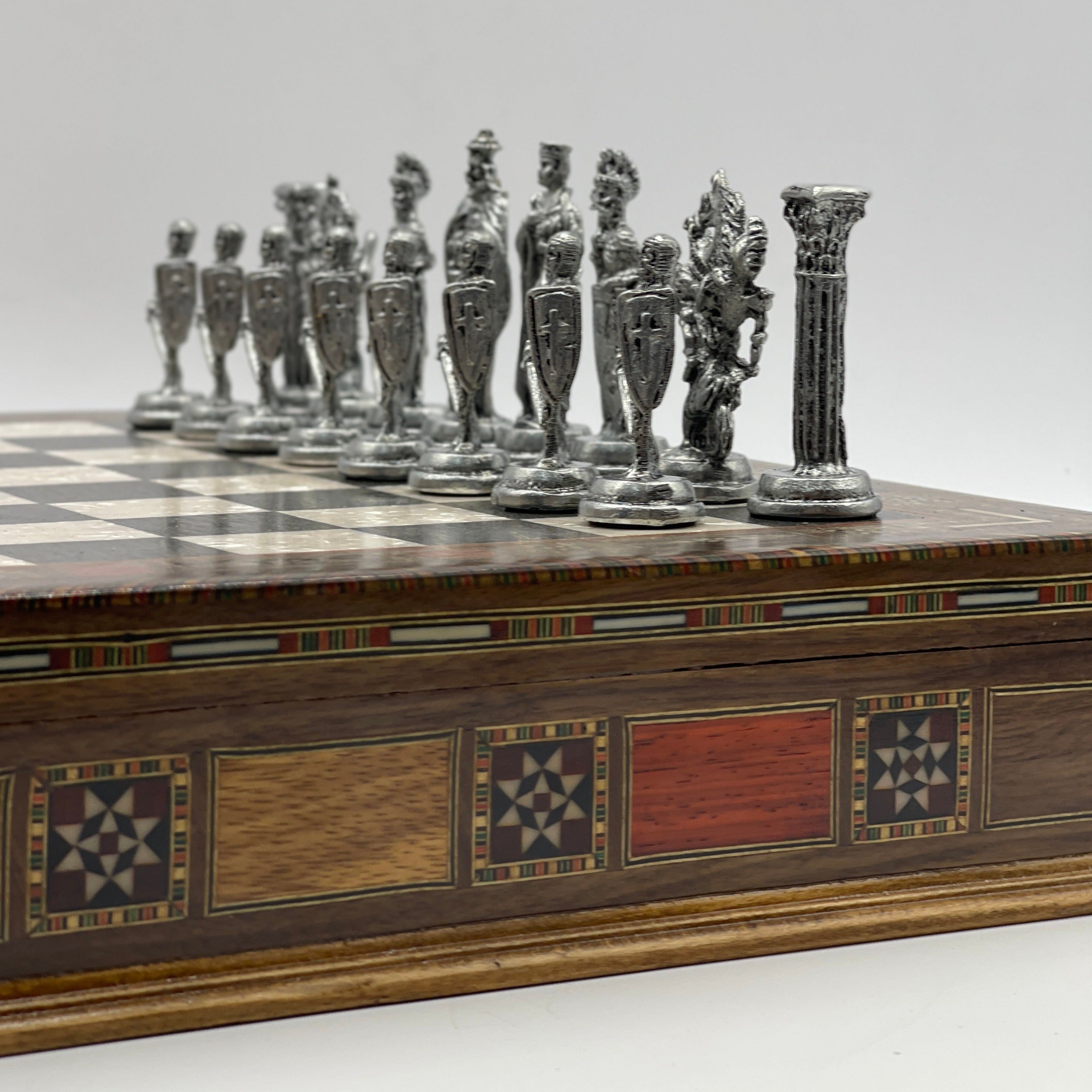 15.3" Black Wooden Boxed Chess Set With Handmade British Metal Chess Pieces