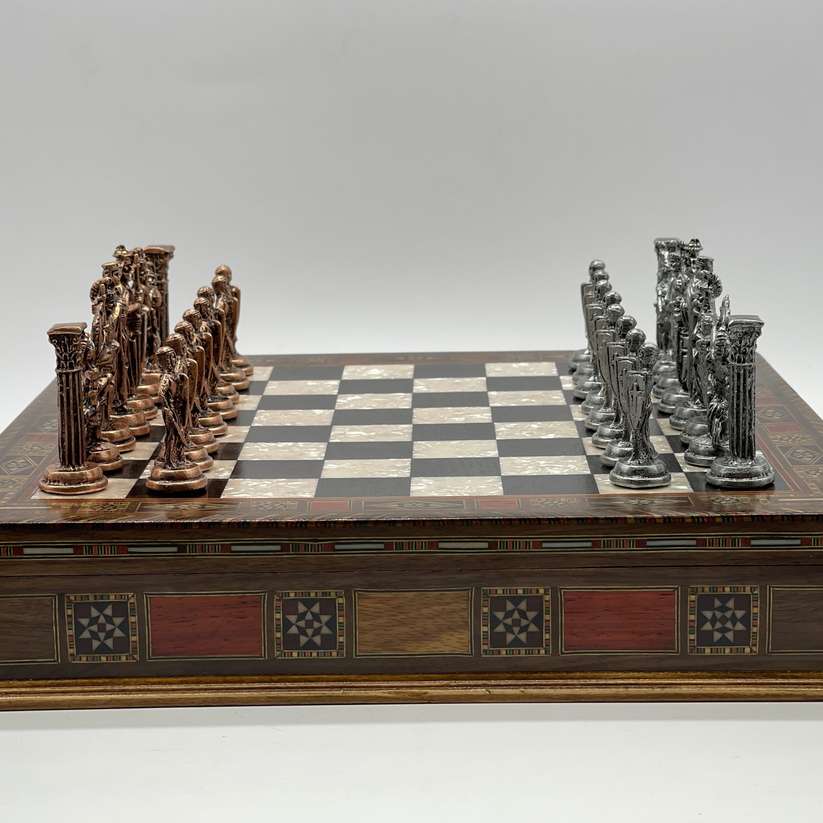15.3" Black Wooden Boxed Chess Set With Handmade British Metal Chess Pieces