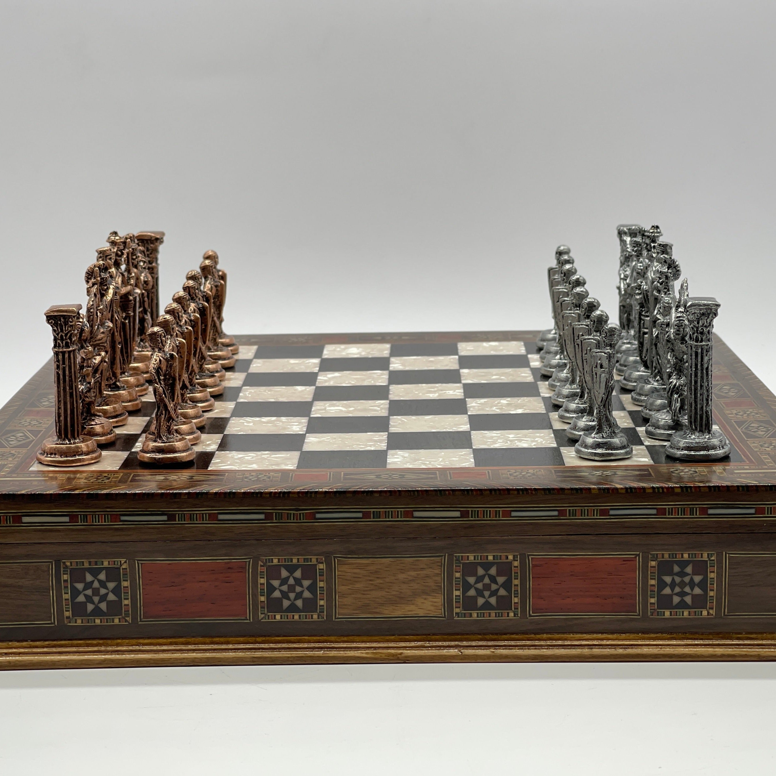 15.3" Black Wooden Boxed Chess Set With Handmade British Metal Chess Pieces